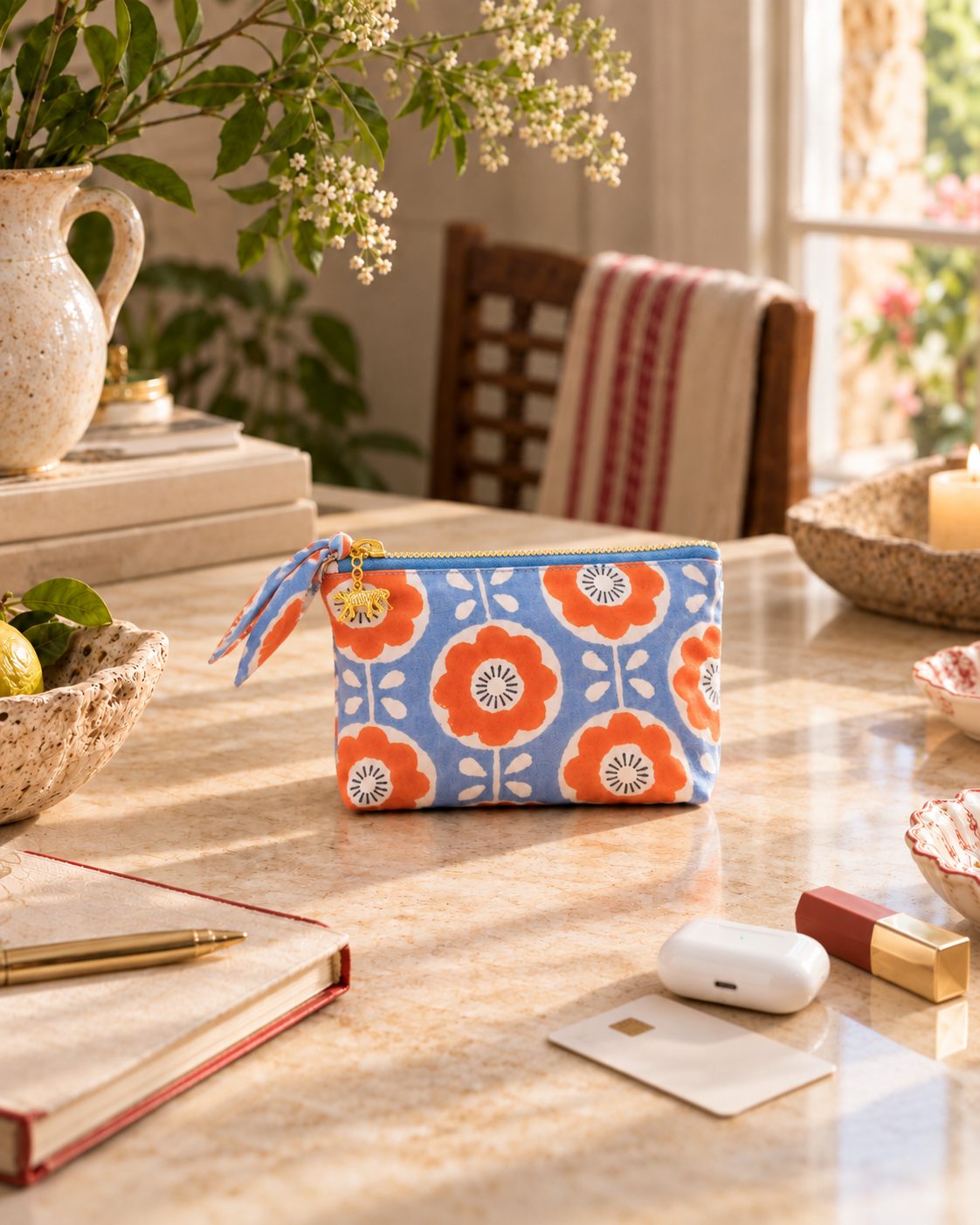 Hand Block Printed Organic Cotton Pouch - Folk Flower: Small