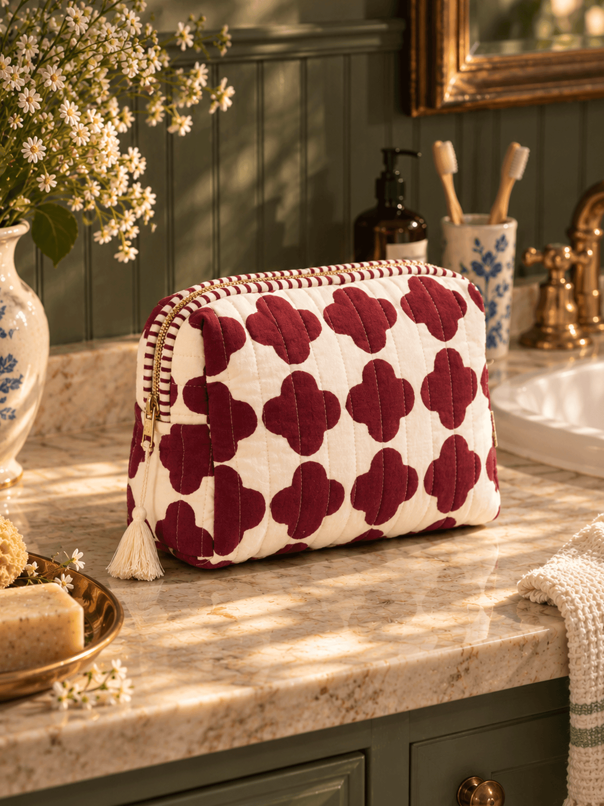 Hand Block Printed Quilted Wash Bag - Clover Tile