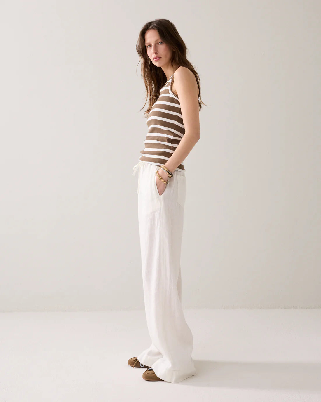 100% Linen Wide Leg Trousers in Off White