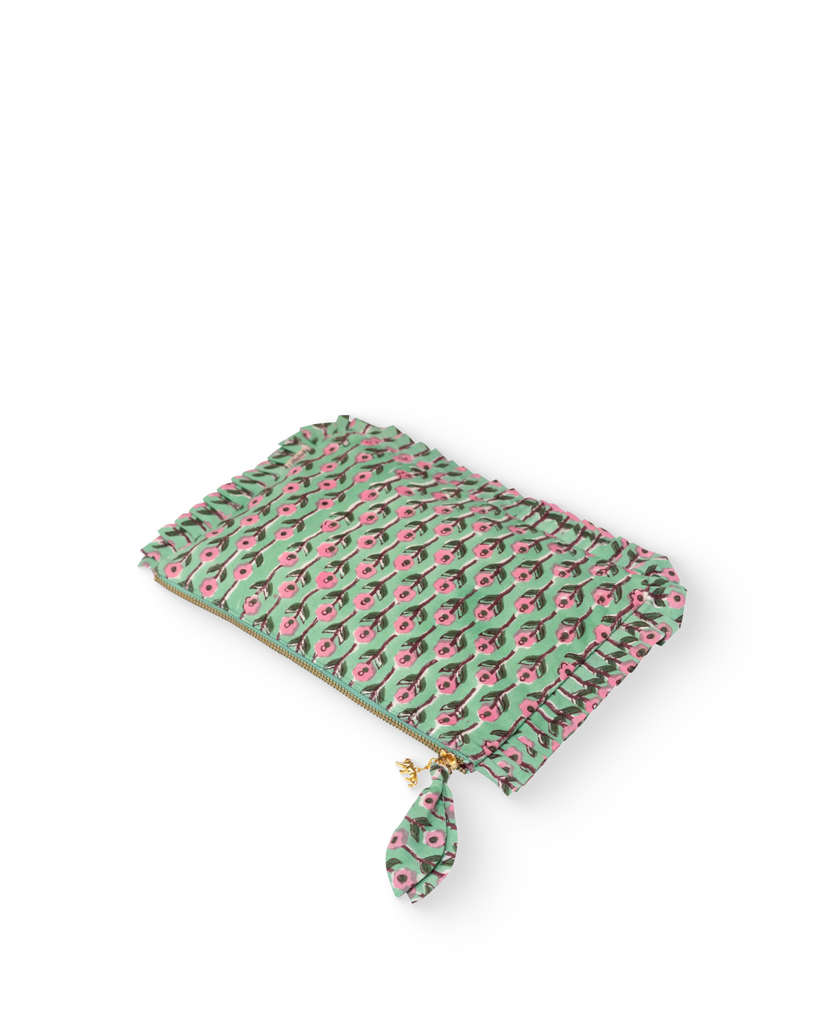 Hand Block Printed Organic Cotton Frill Pouch - Gulnaar Bel: Small