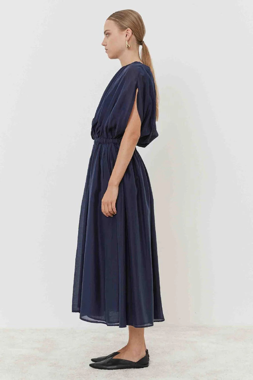 100% Cotton Voile Dress with elasticated neckline in Dark Navy