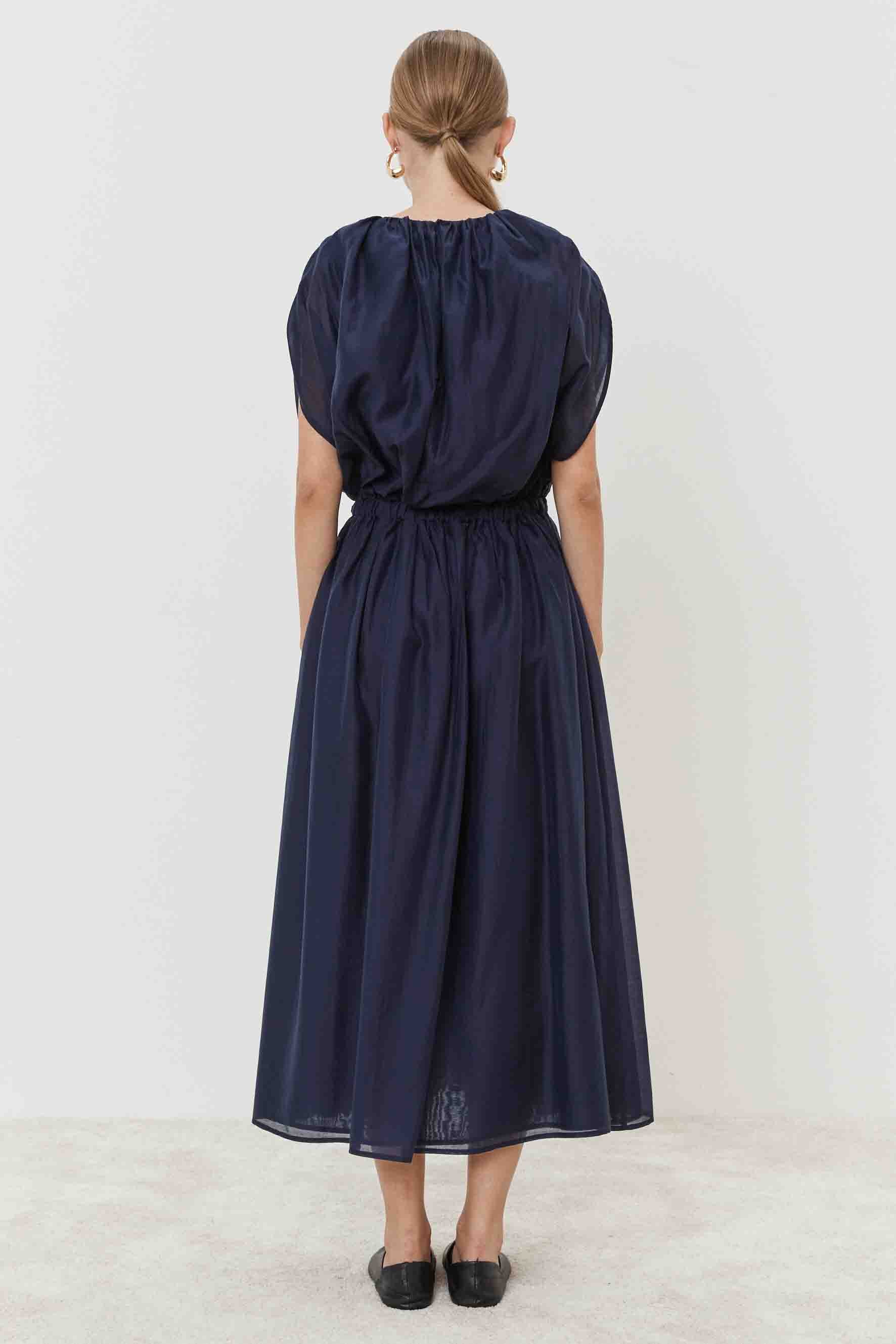 100% Cotton Voile Dress with elasticated neckline in Dark Navy