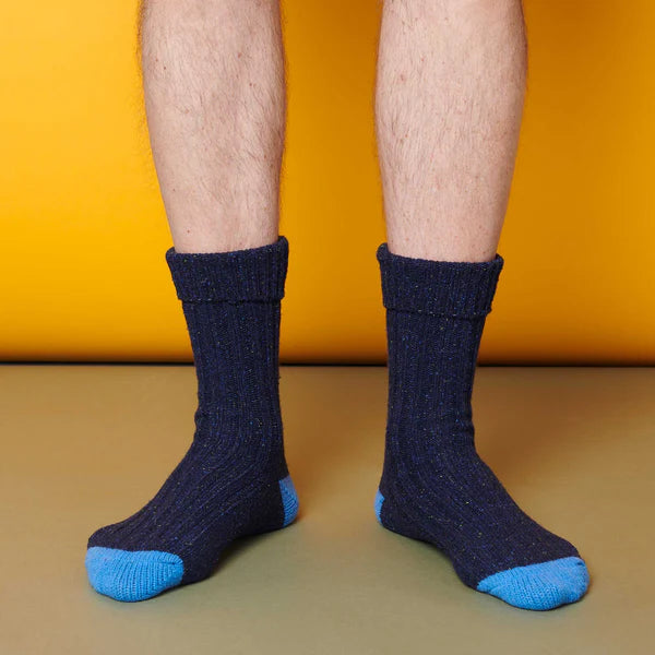 Lambswool and Silk Blend Unisex Socks in Navy and Bright Blue