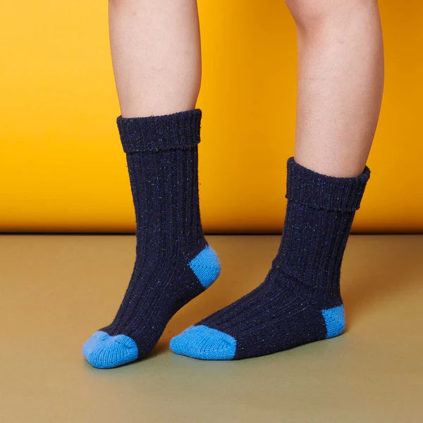 Lambswool and Silk Blend Unisex Socks in Navy and Bright Blue