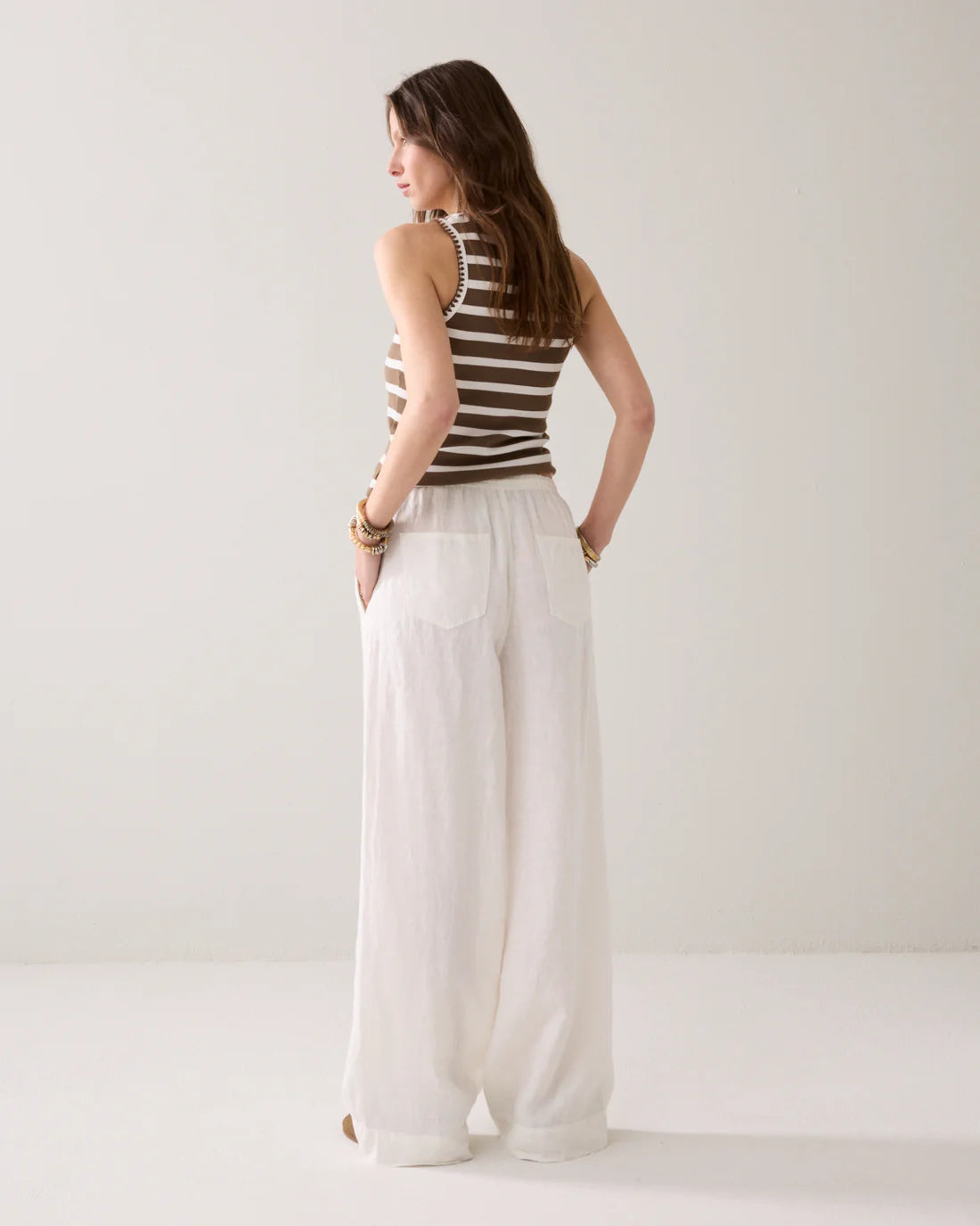 100% Linen Wide Leg Trousers in Off White