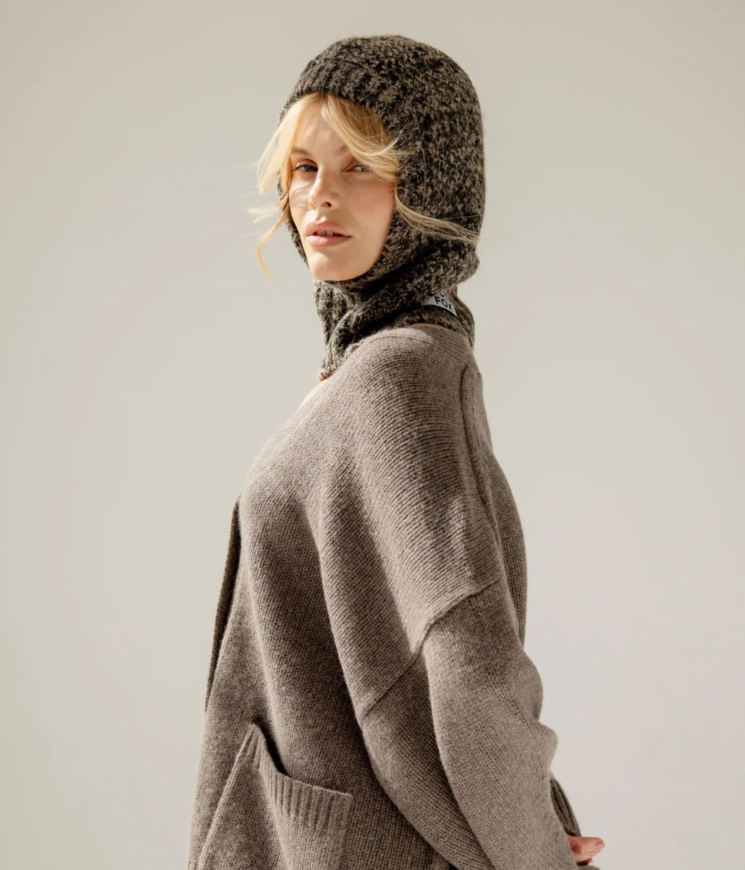 The Alpaca Balaclava Fitted Hood in Frosted Walnut Brown