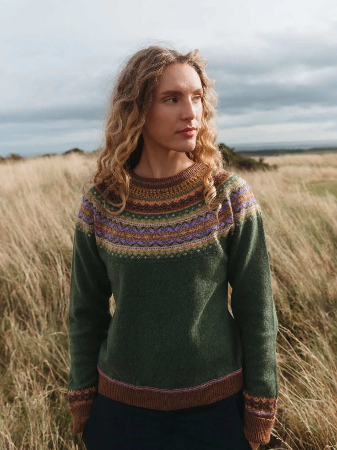Alpine Fair Isle 100% Merino Short Sweater in Thistle