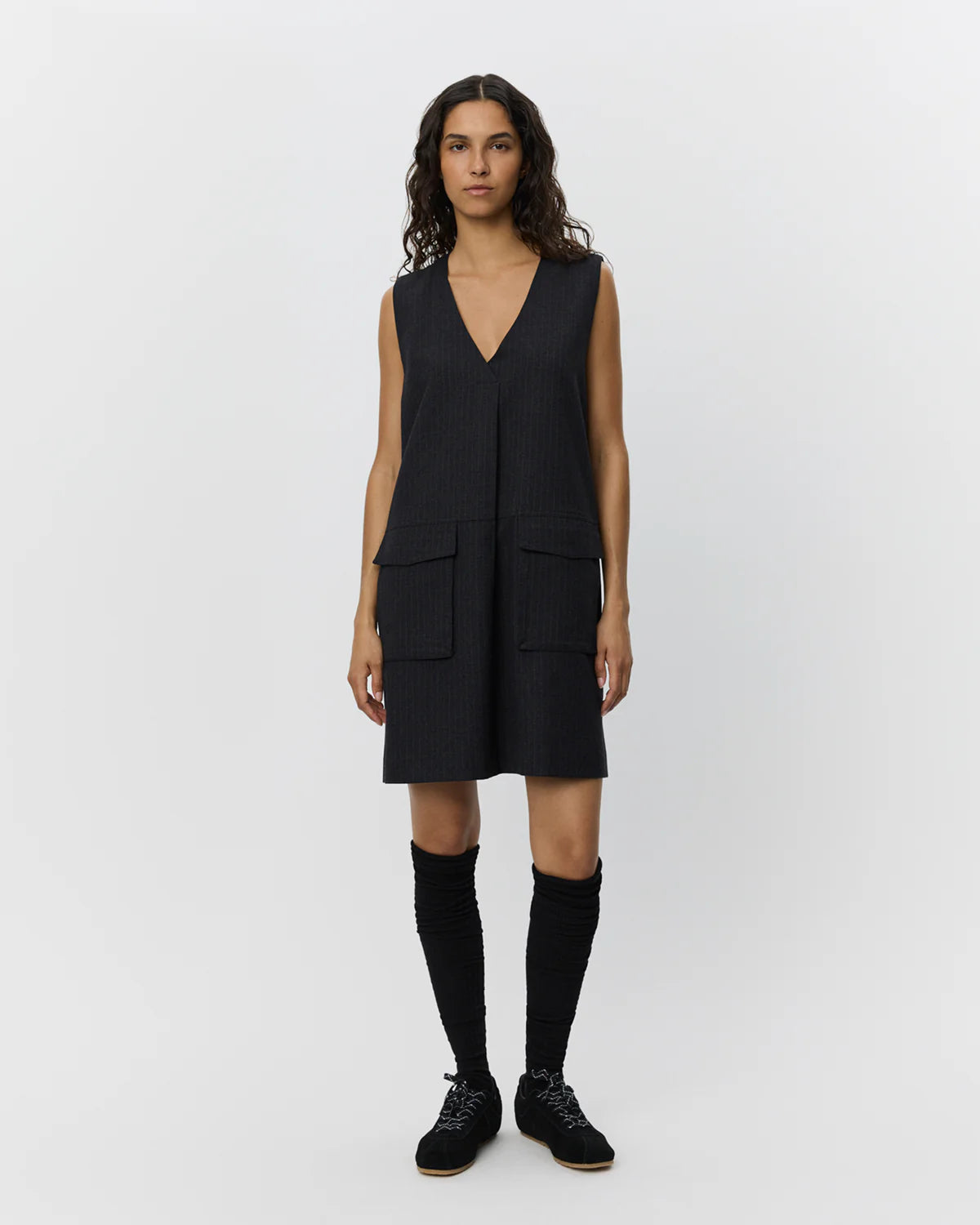 Baluna Viscose Mix Dress in Charcoal with feint Grey Stripe