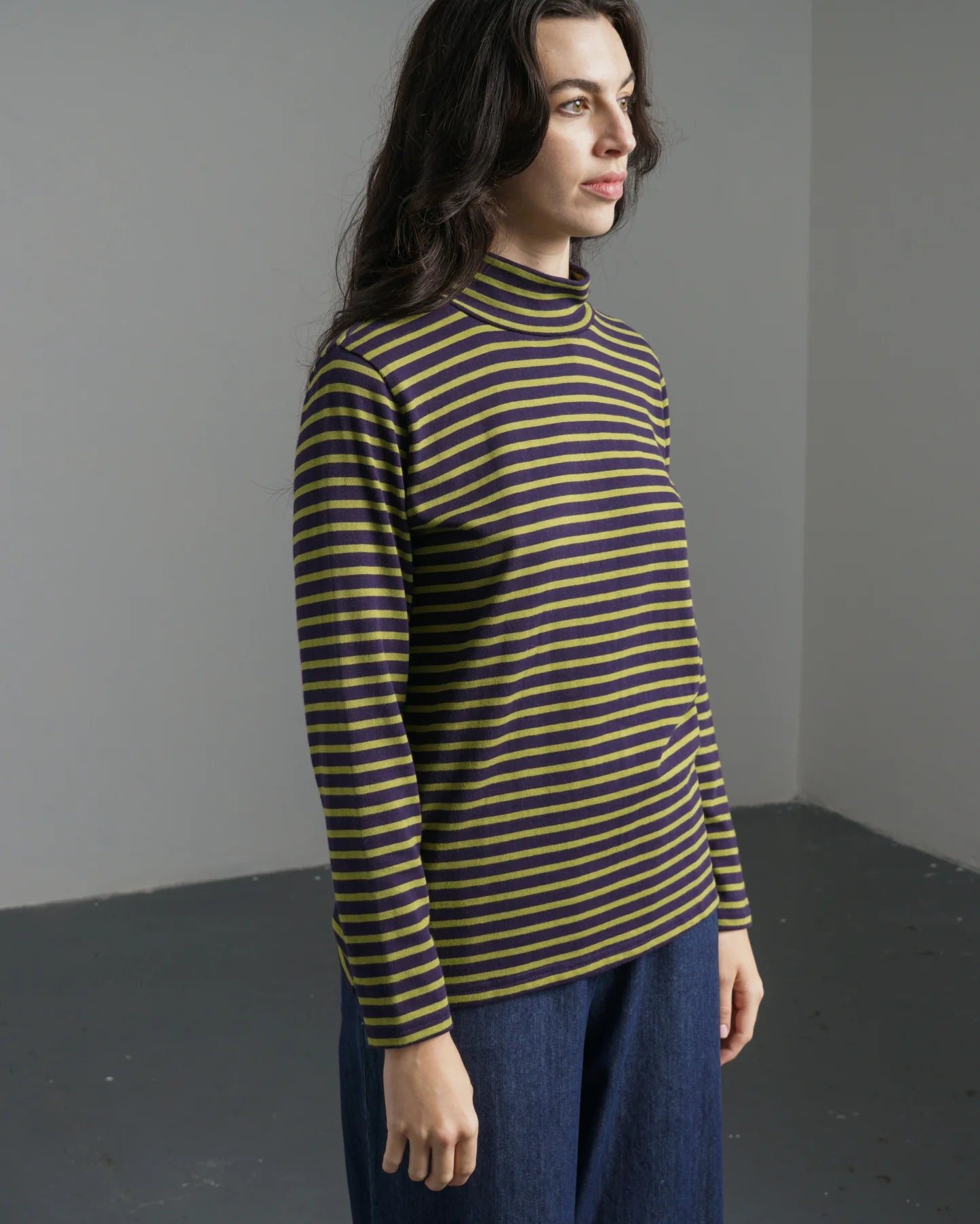 Jonie 100% Organic Cotton Tee in Navy and Chartreuse Stripe
