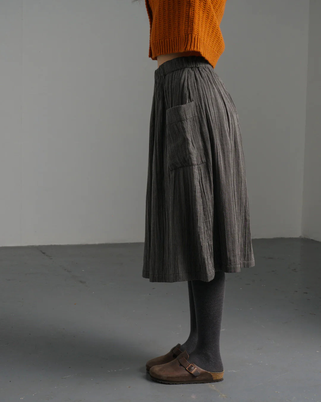 Nora 100% Organic Cotton Skirt in Grey Pinstripe
