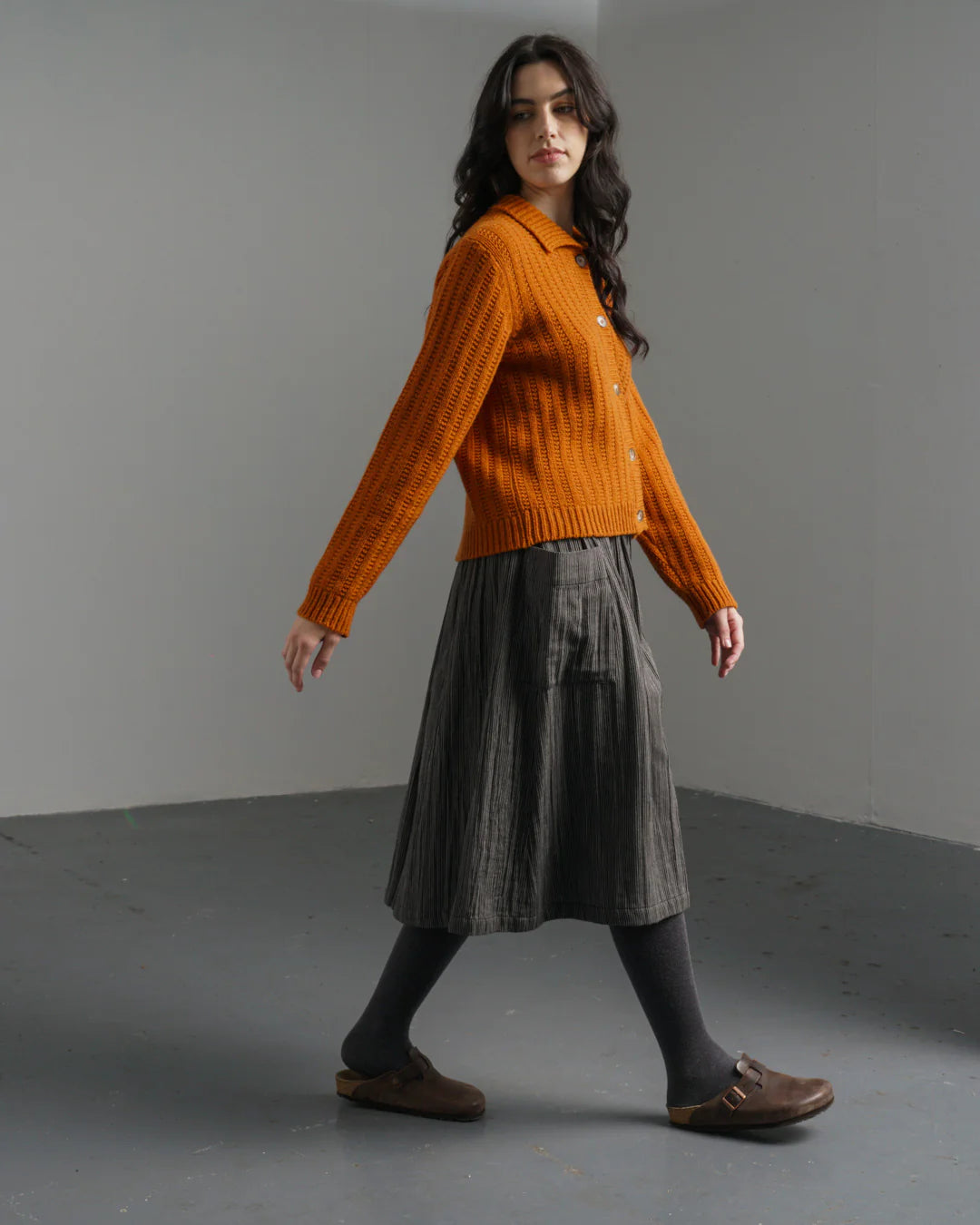 Nora 100% Organic Cotton Skirt in Grey Pinstripe