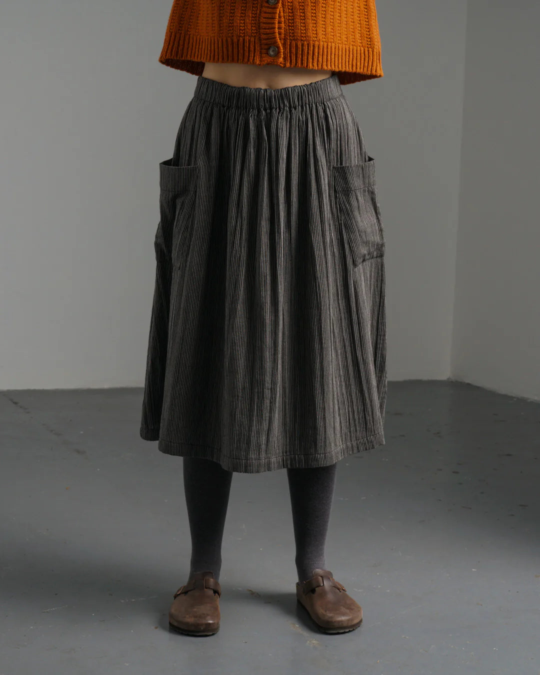 Nora 100% Organic Cotton Skirt in Grey Pinstripe