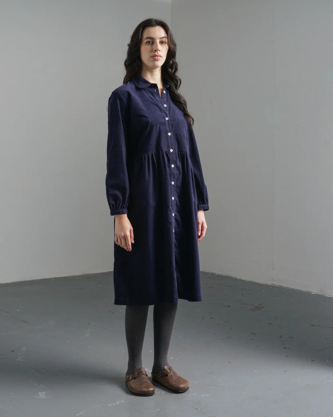 Bea 100% Organic Cotton Needlecord Shirt Dress in Navy