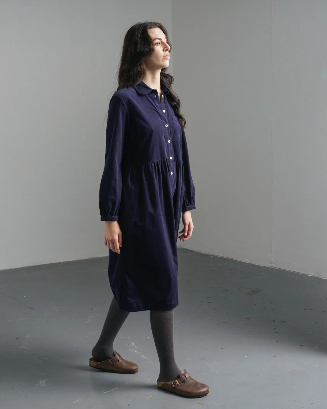 Bea 100% Organic Cotton Needlecord Shirt Dress in Navy