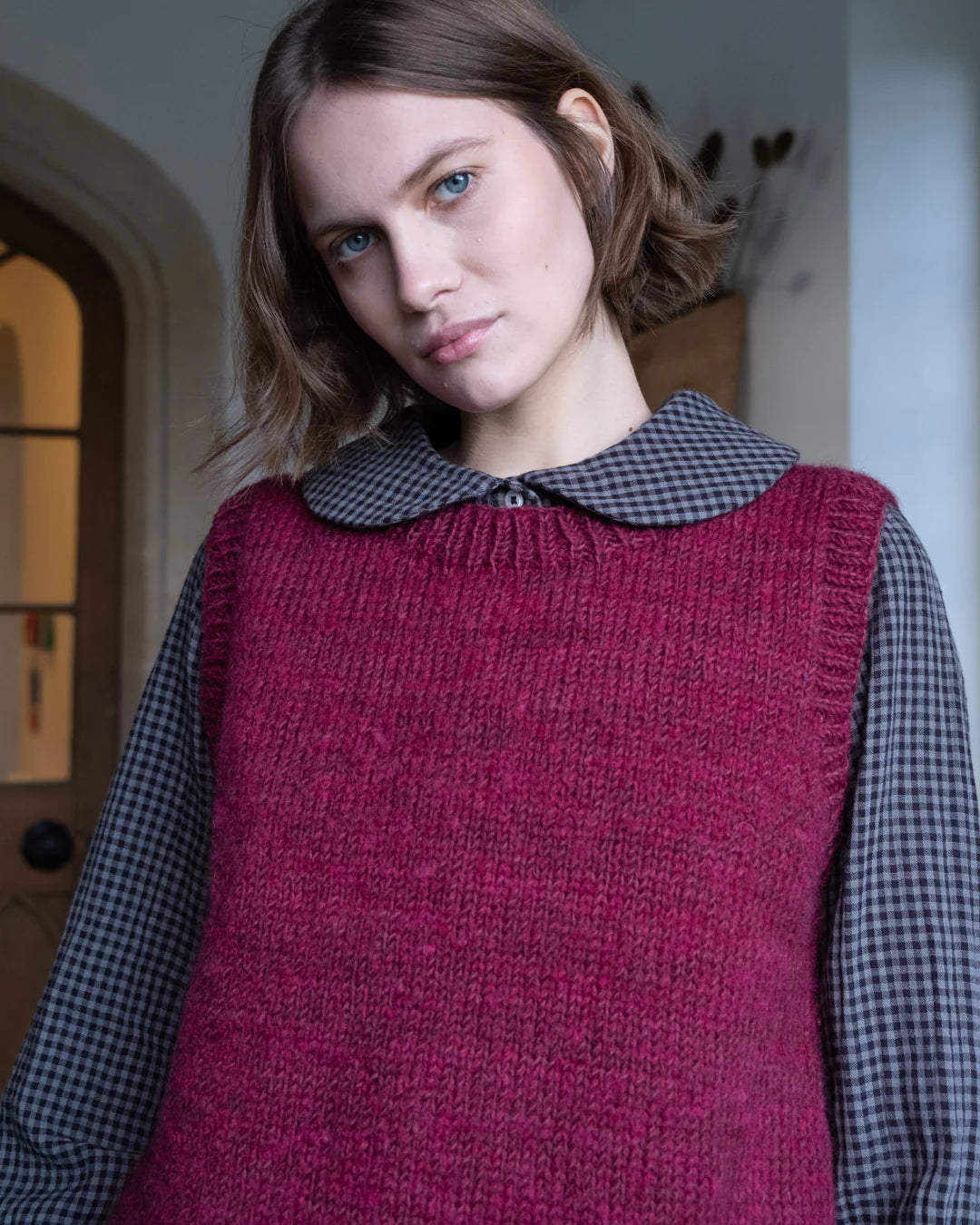 Heather Hand Knitted 100% Wool and Mohair vest in Mulberry