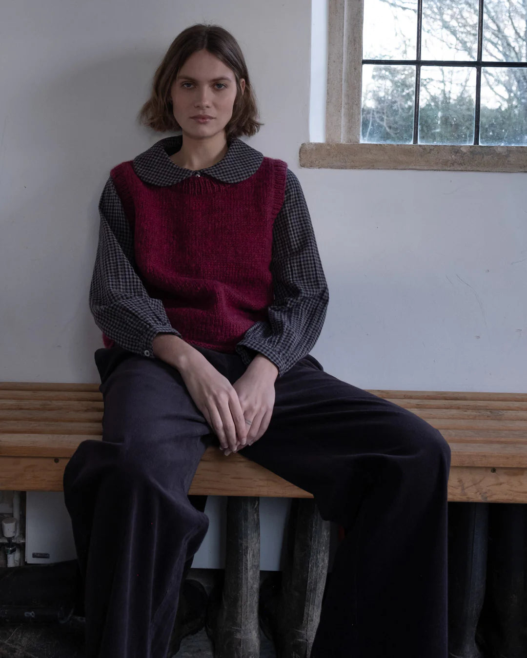 Heather Hand Knitted 100% Wool and Mohair vest in Mulberry