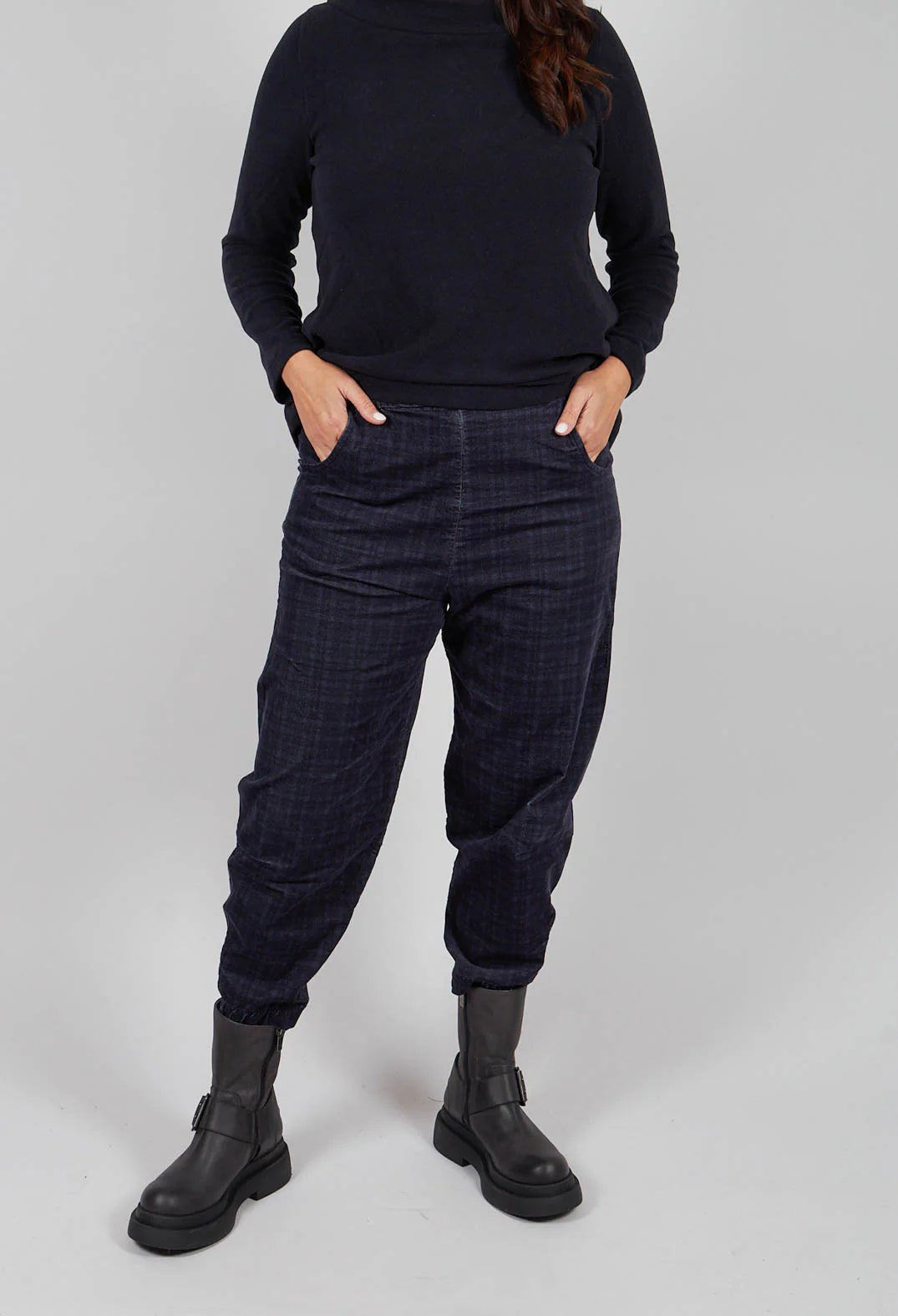 Alicia 100% Cotton Velvet Trousers in Blue Check