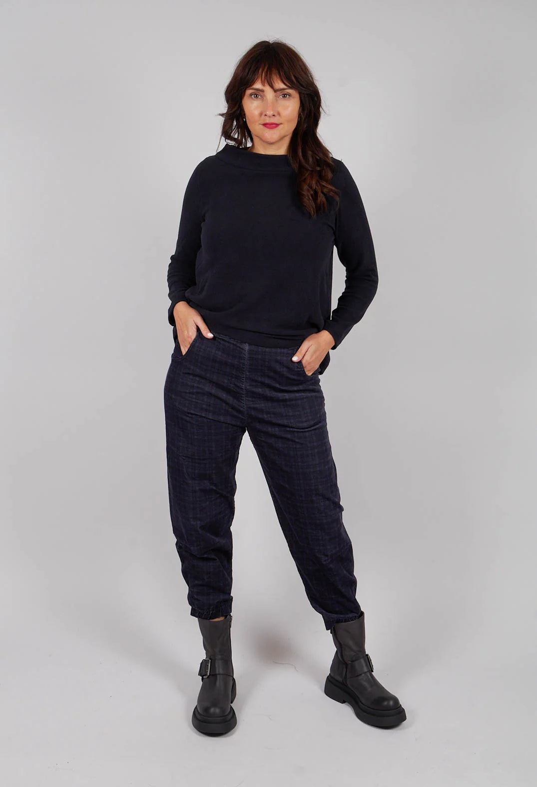 Alicia 100% Cotton Velvet Trousers in Blue Check