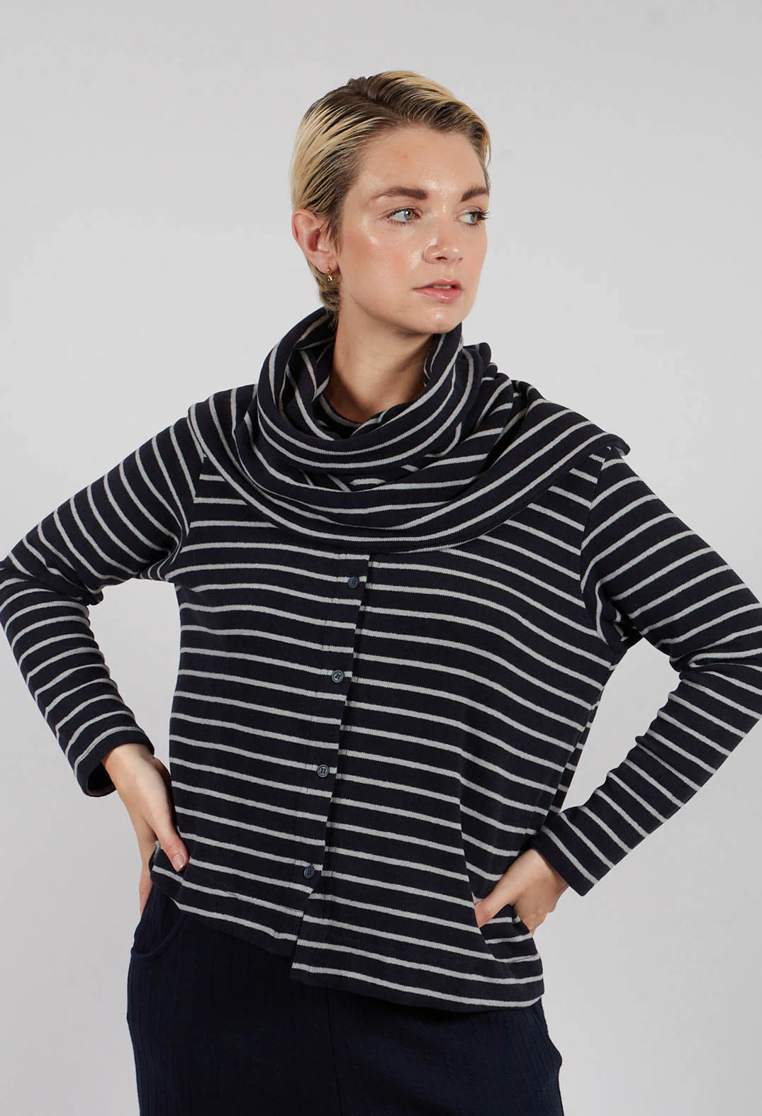 Spacco soft fleece snood in Notte ( Dark Navy & Pale Grey Stripe)