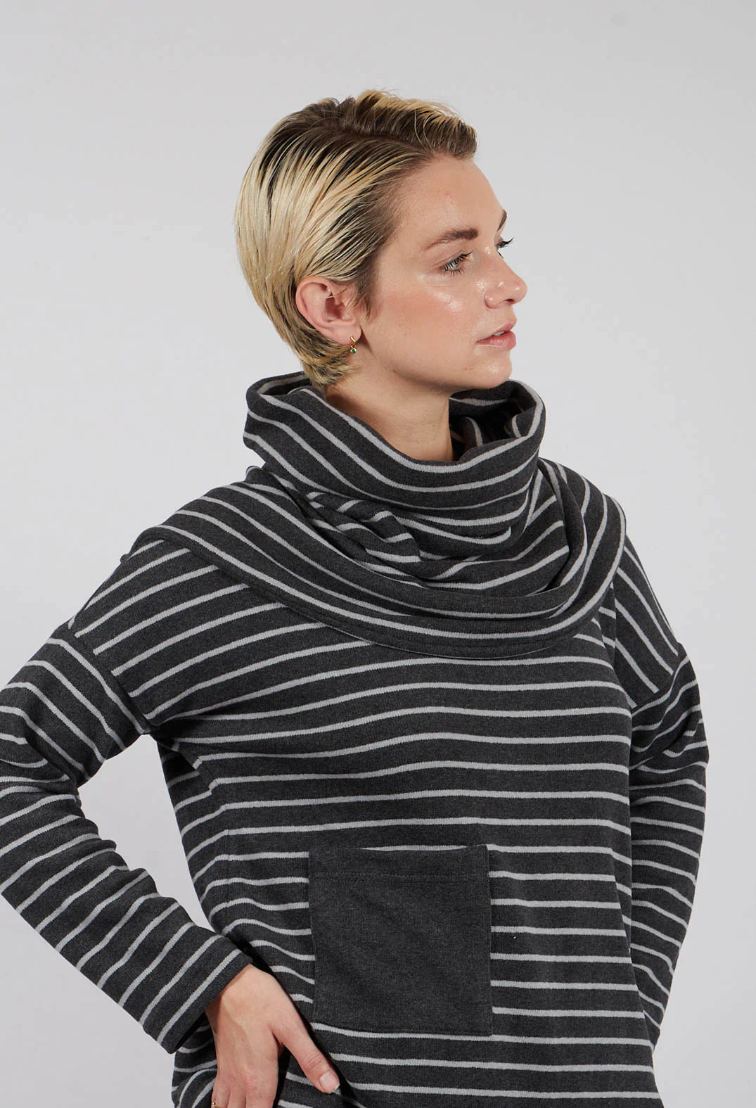 Spacco soft fleece snood in Charcoal and Pale Grey stripe