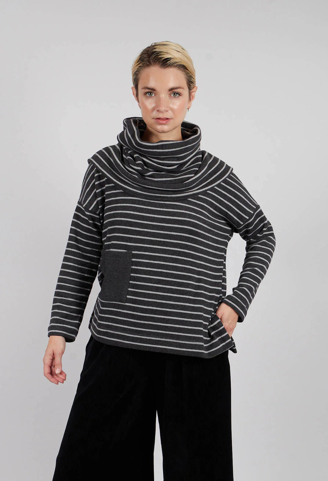 Spacco soft fleece snood in Charcoal and Pale Grey stripe