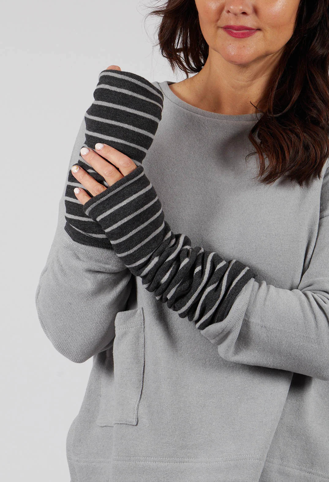 Cotto soft fleece arm warmers in Charcoal and Pale Grey stripe