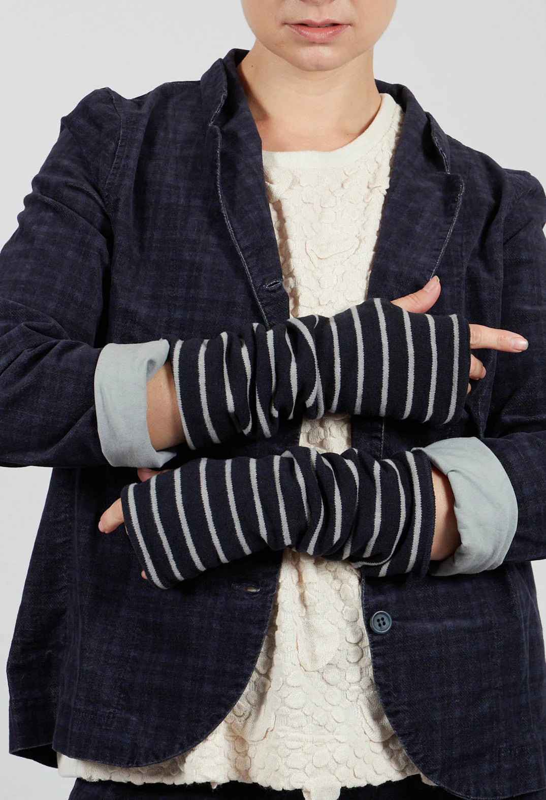 Cotto soft fleece arm warmers in Dark Navy and Pale Grey stripe