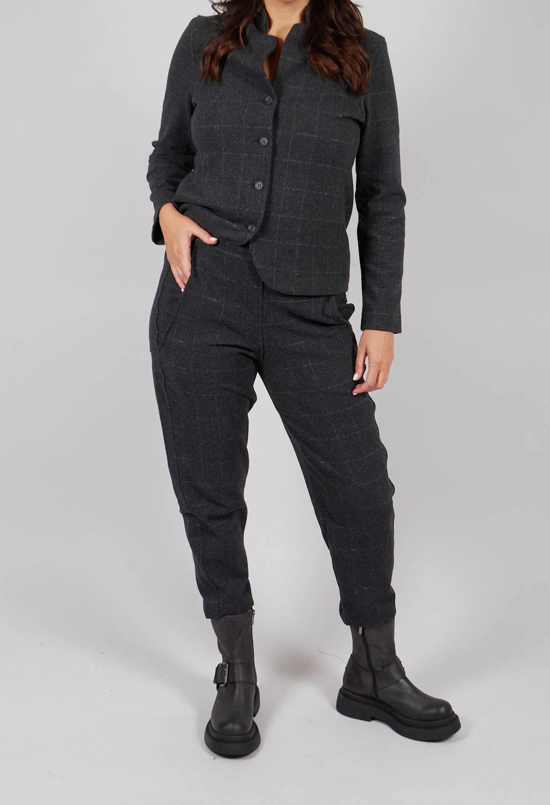 Terra J Wool Mix Barrel Trousers with narrow ankle in Charcoal Check