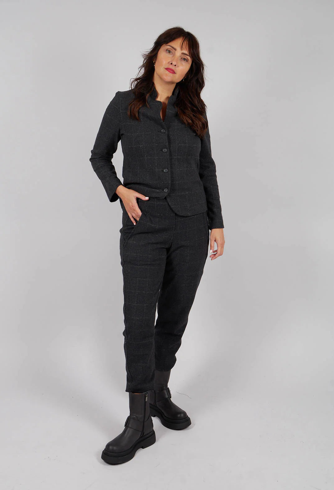 Terra J Wool Mix Barrel Trousers with narrow ankle in Charcoal Check