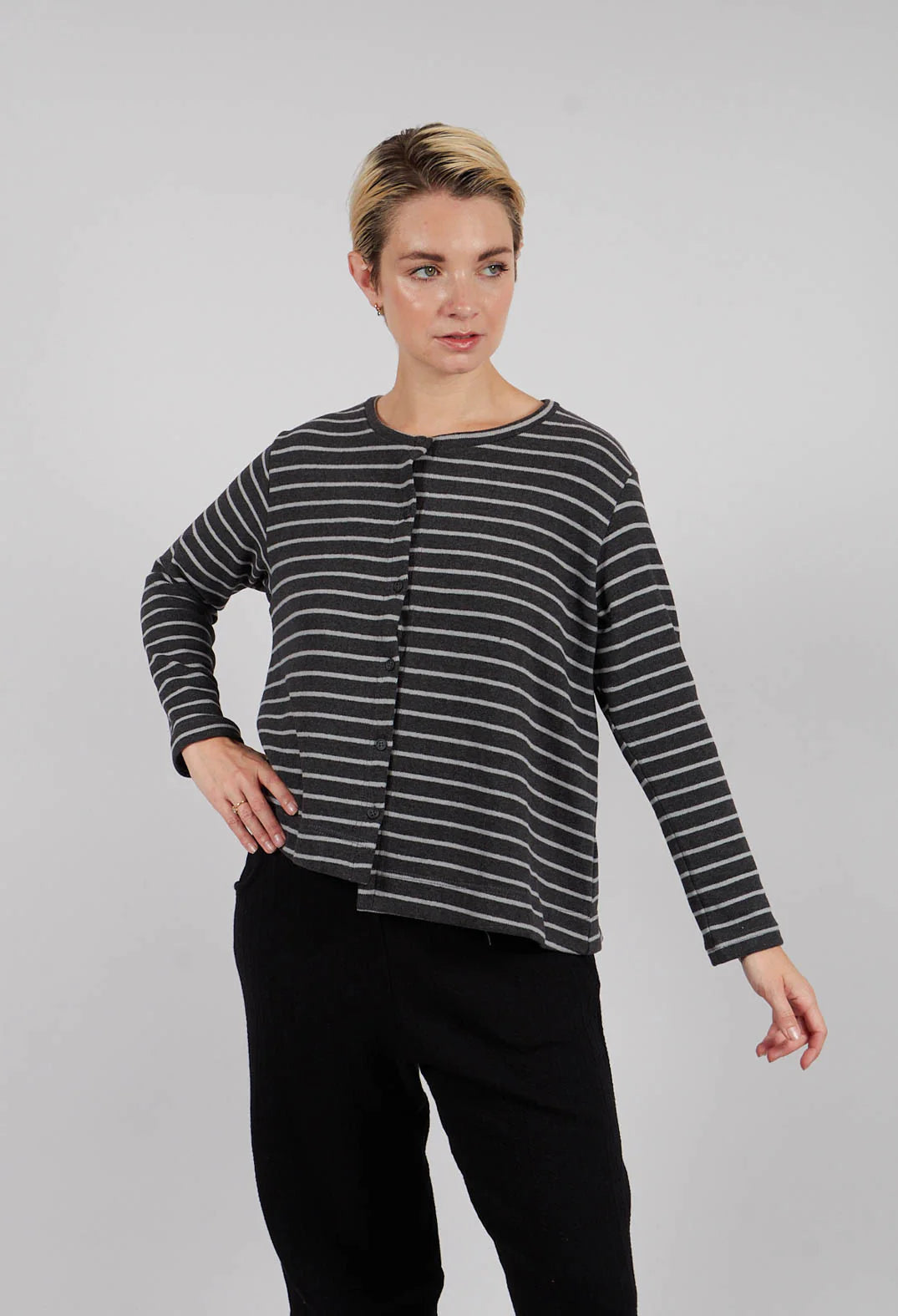 Crema Cardigan in soft cotton fleece in Charcoal and White Stripe
