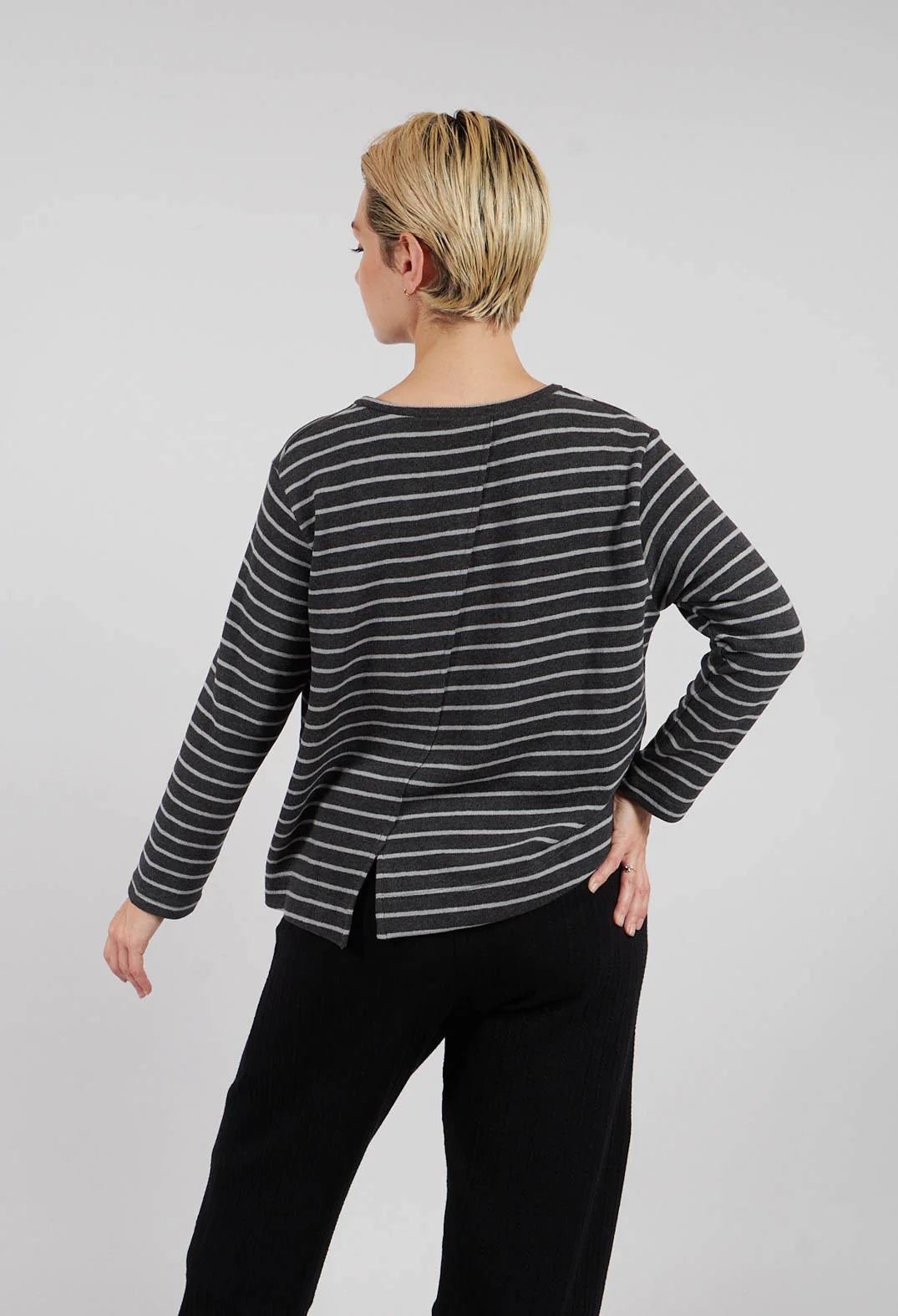 Crema Cardigan in soft cotton fleece in Charcoal and White Stripe