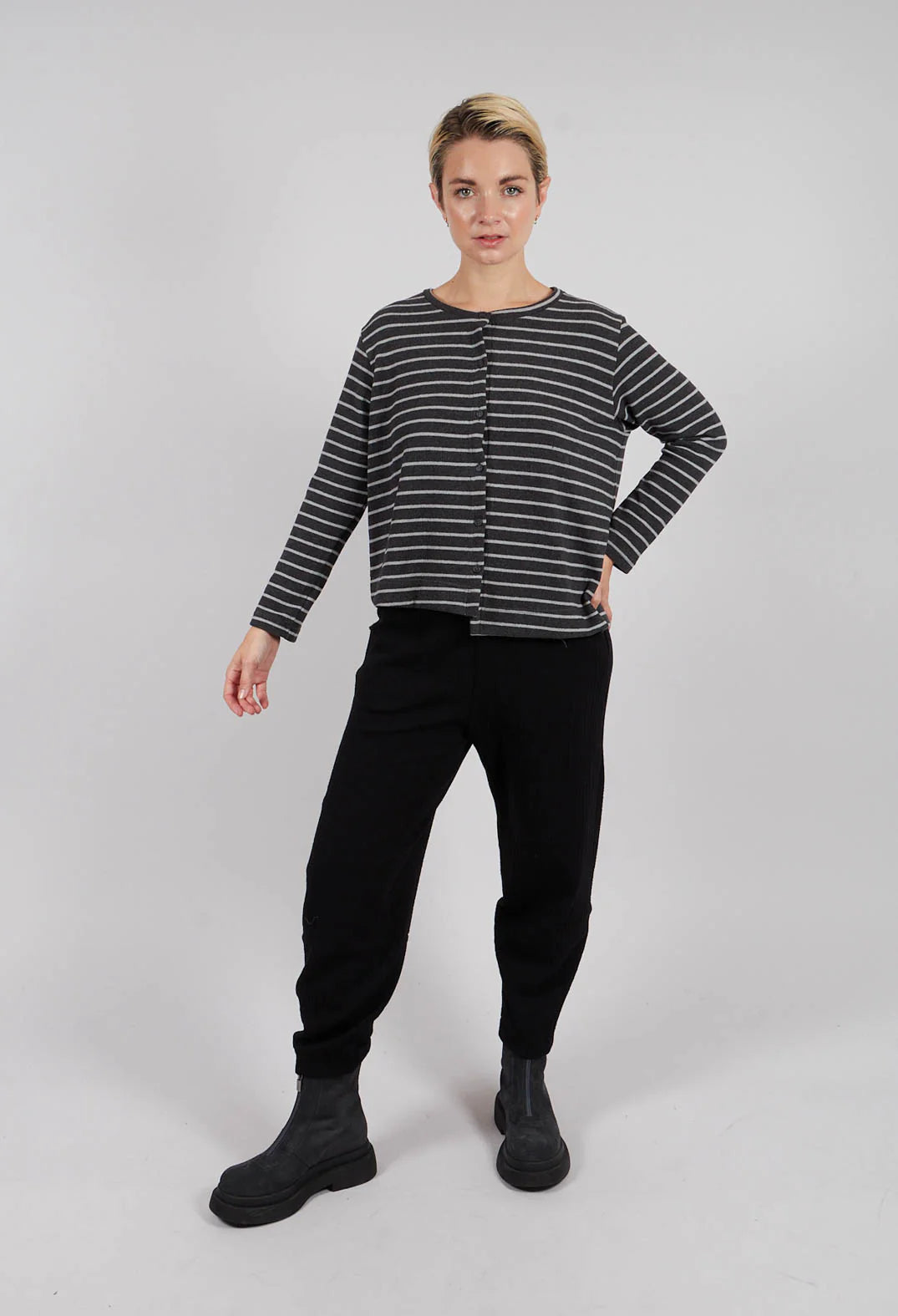 Crema Cardigan in soft cotton fleece in Charcoal and White Stripe