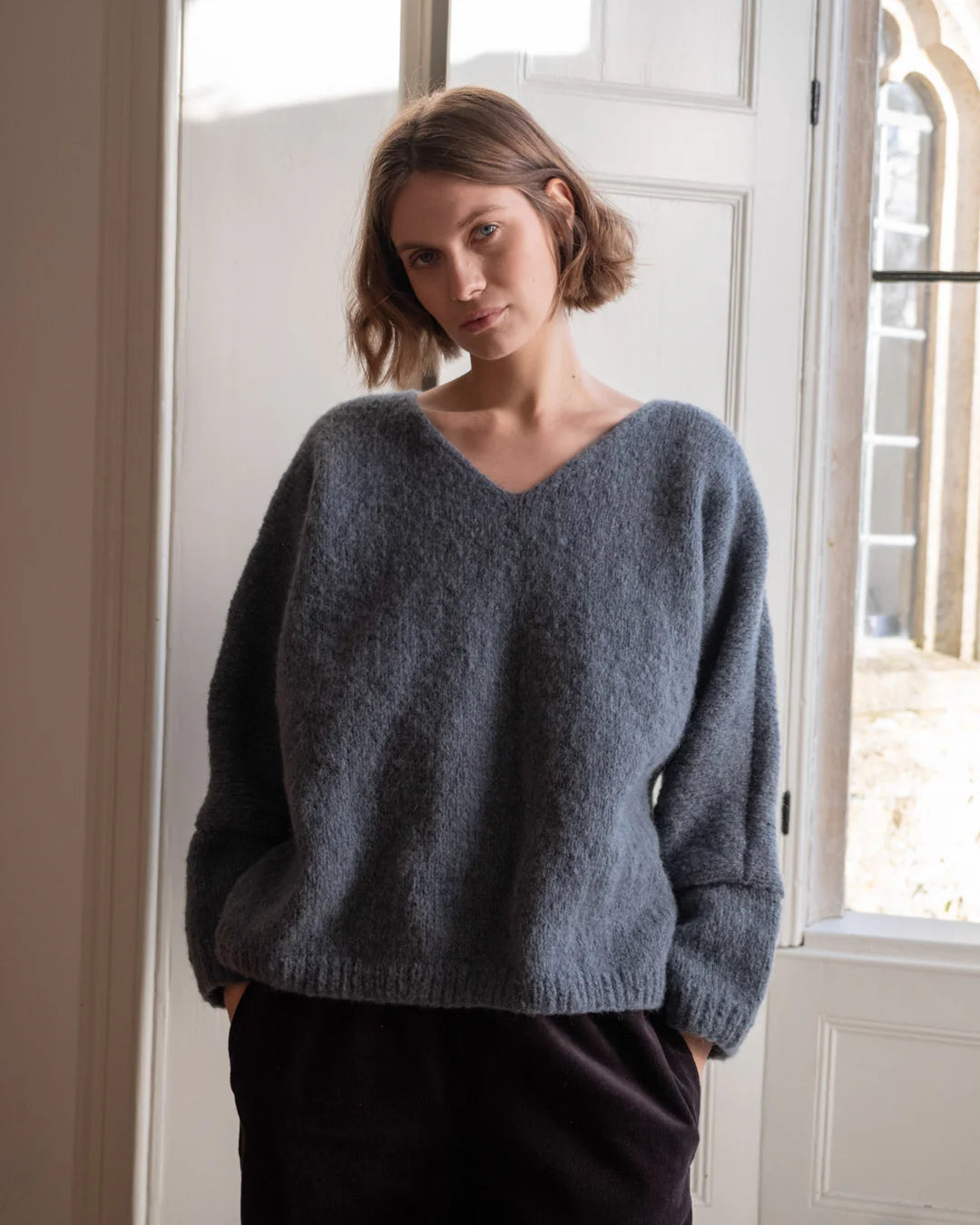 Leah V- Neck Wool Jumper in Smoked Blue