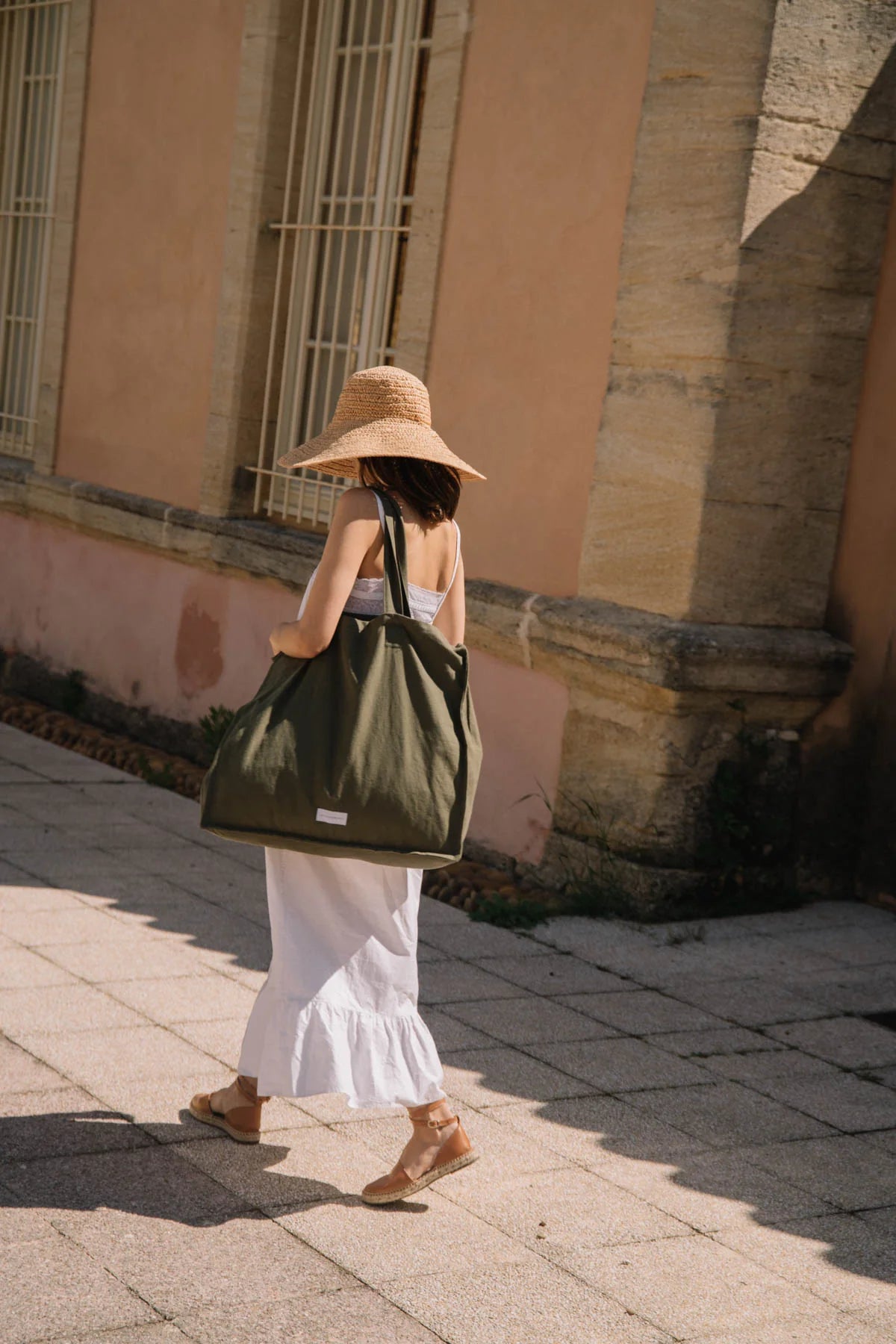 Les Pensionnaires Large Organic Cotton Tote Bag in Caper Green