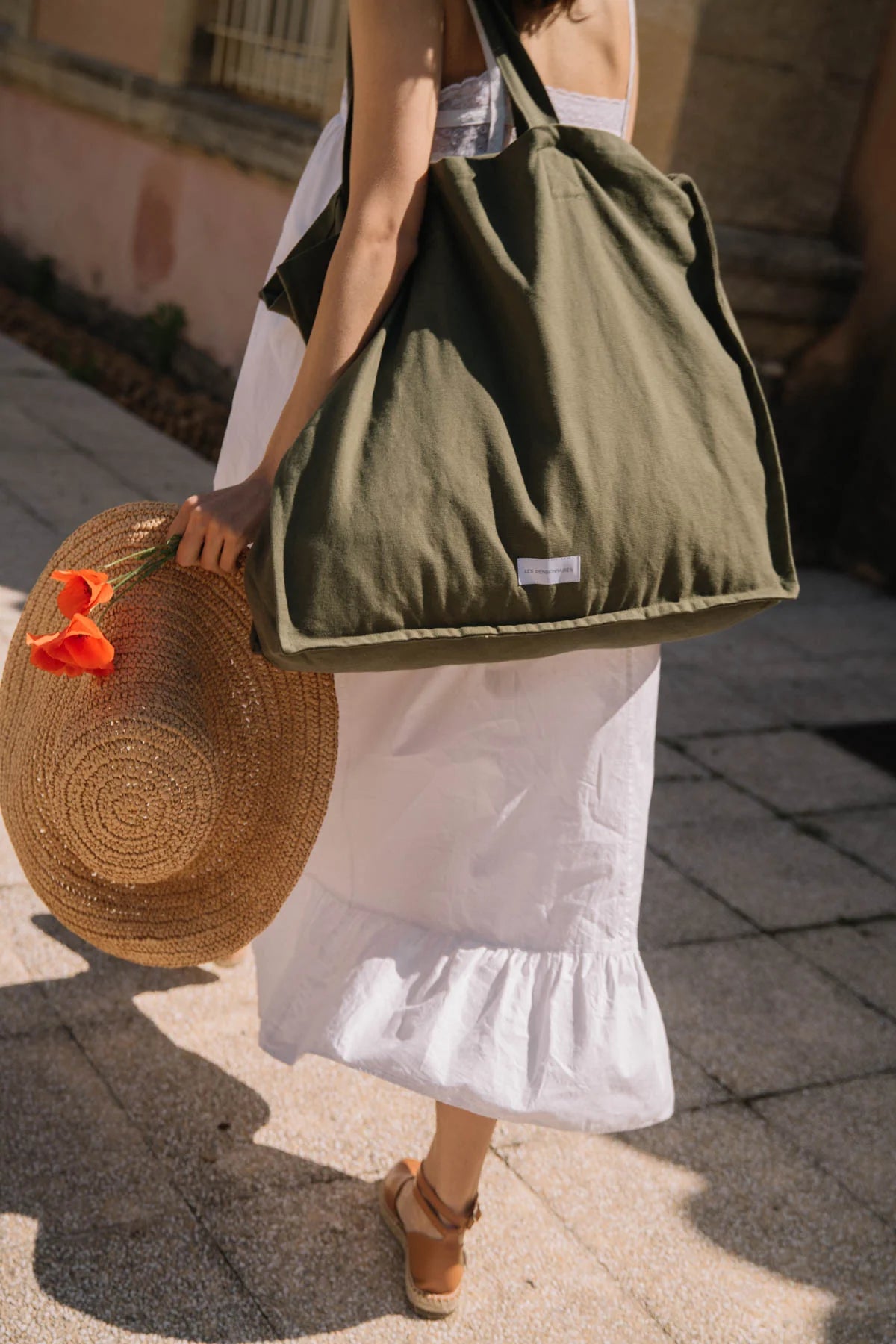 Les Pensionnaires Large Organic Cotton Tote Bag in Caper Green