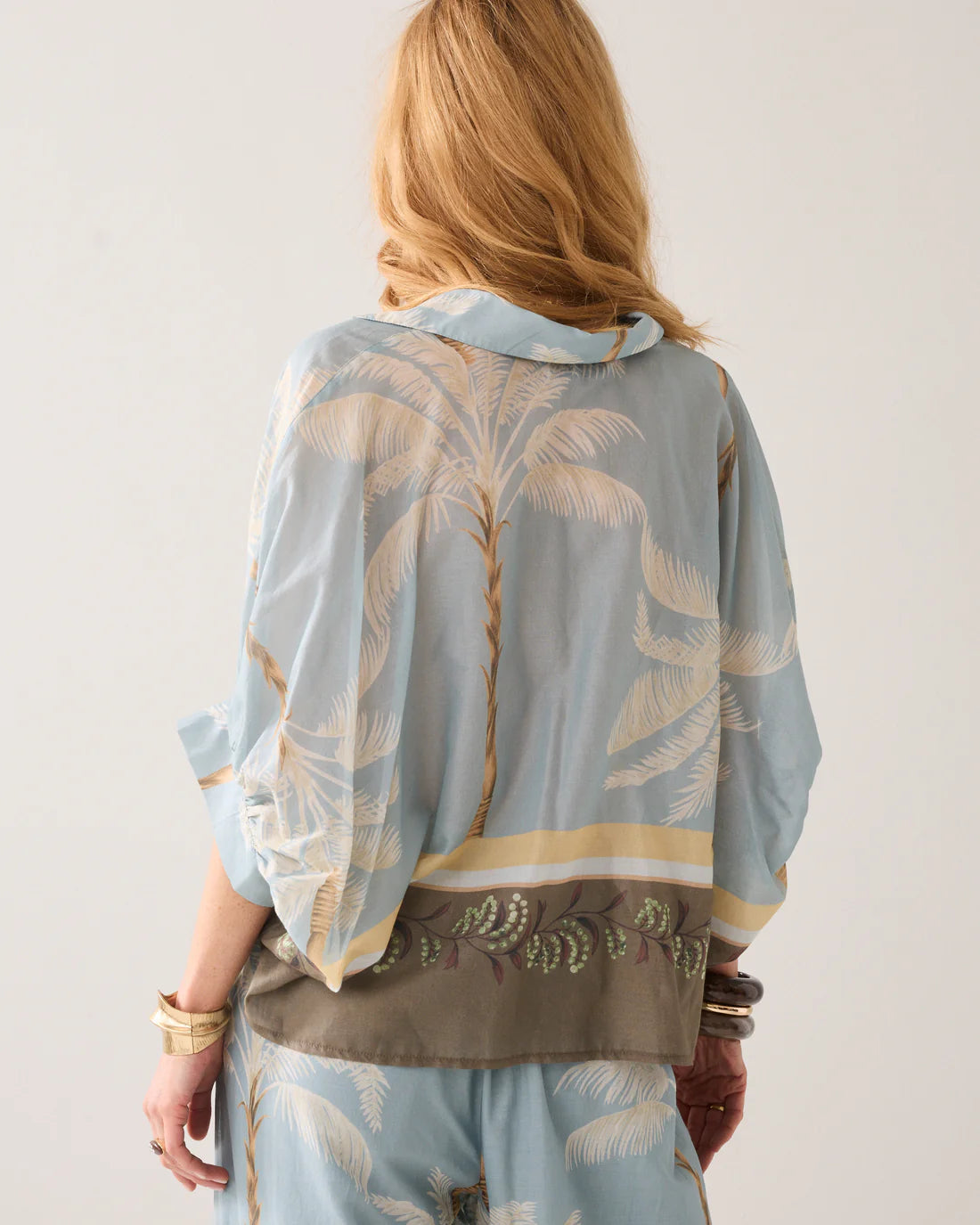 100% Cotton Glacier Blue Blouse Palm Tree Print