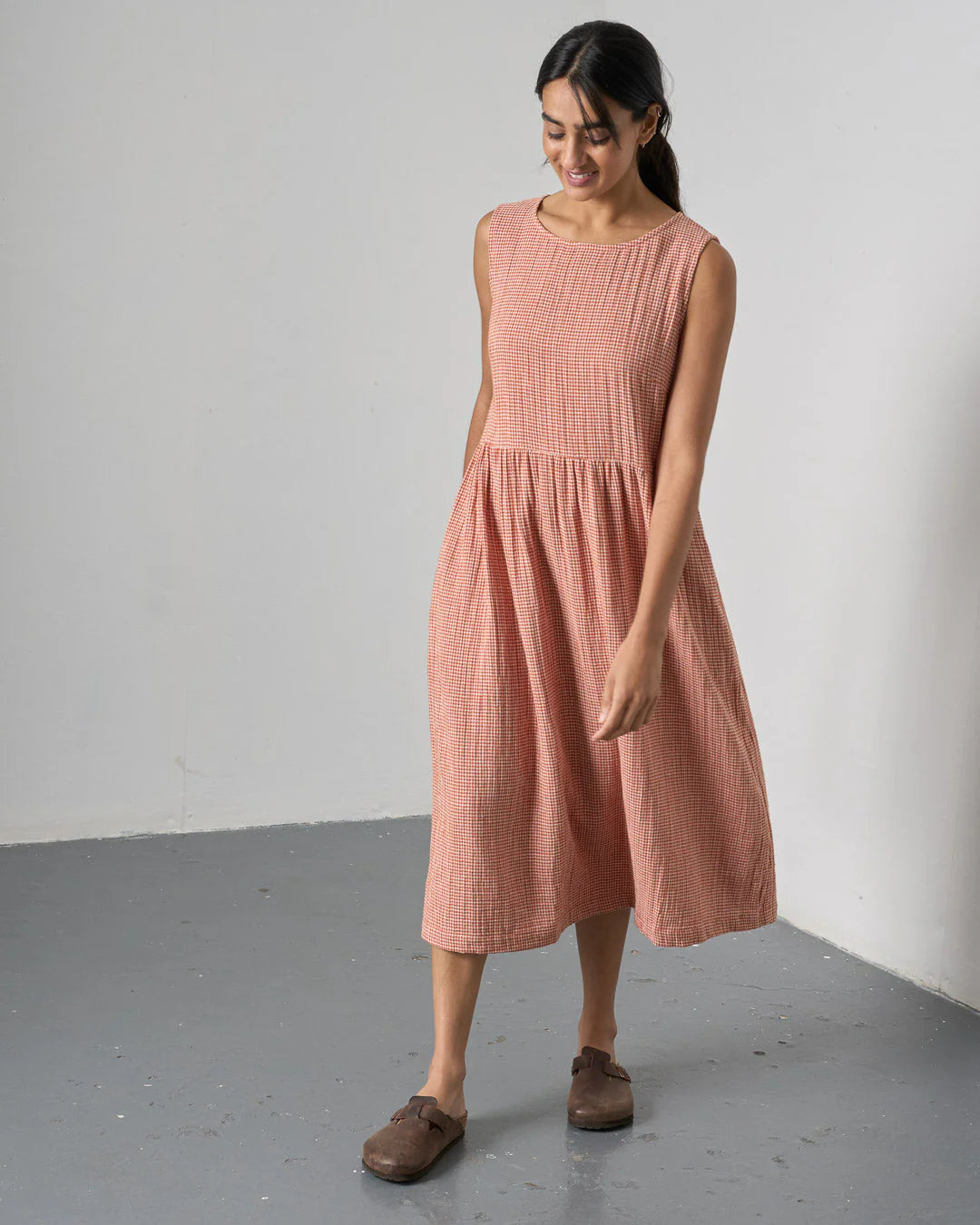 100% Organic Cotton Elaine Sleeveless Dress in Ecru and Rust small check