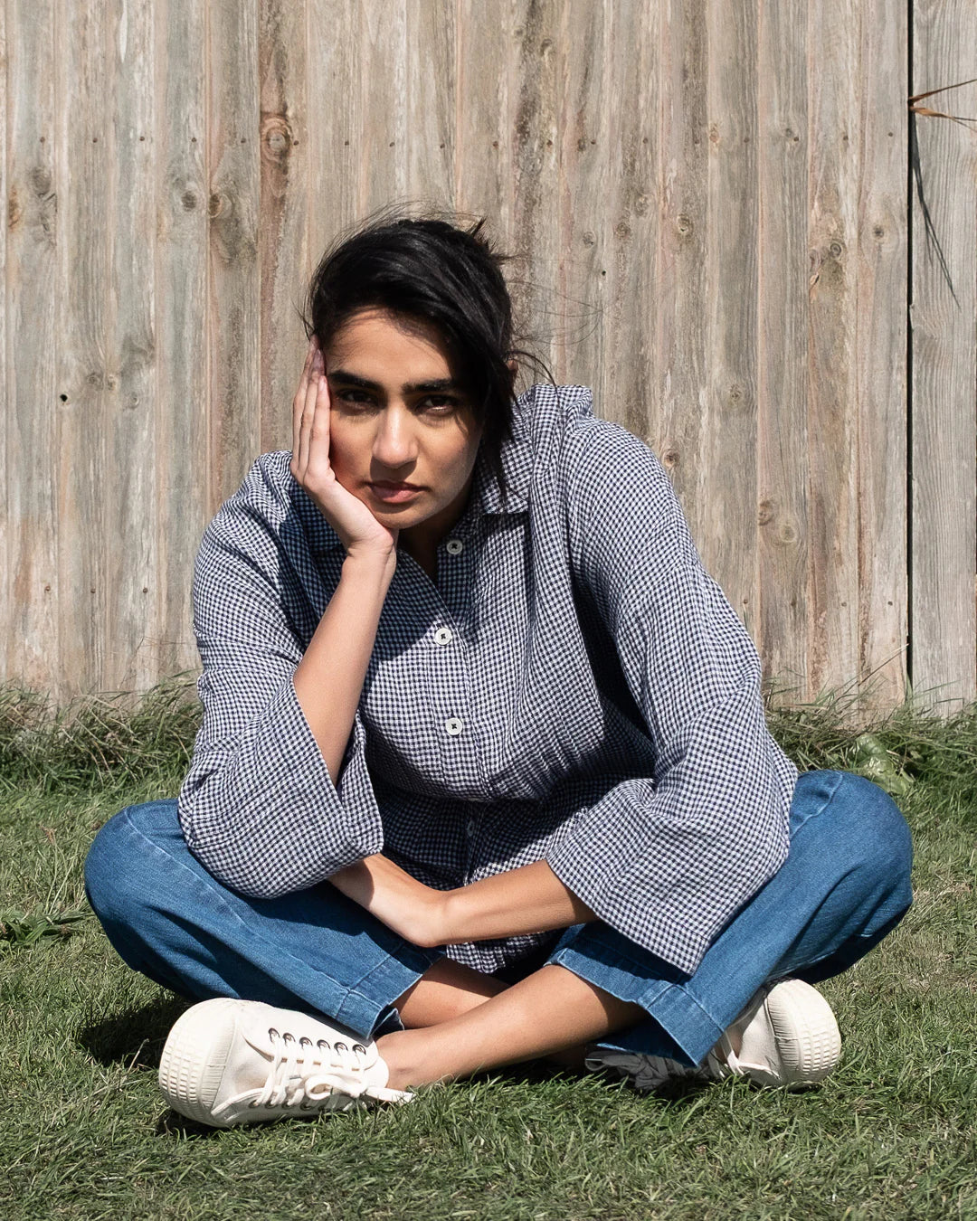 100% Cotton Anya Navy Check Oversized Blouse