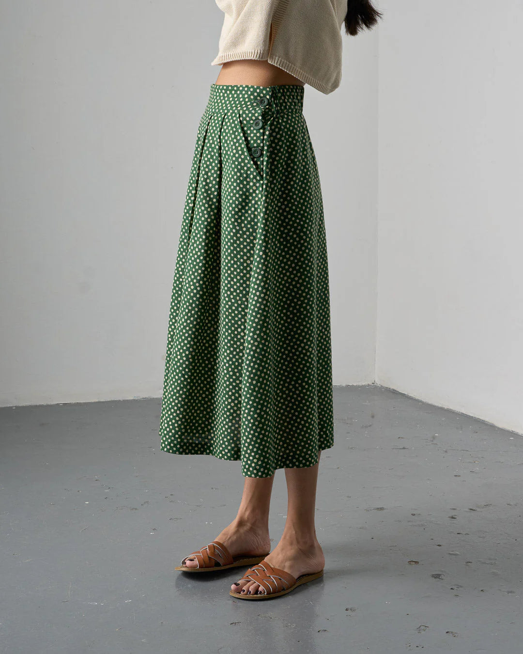 100% Cotton Wander Midi Skirt Green Dot