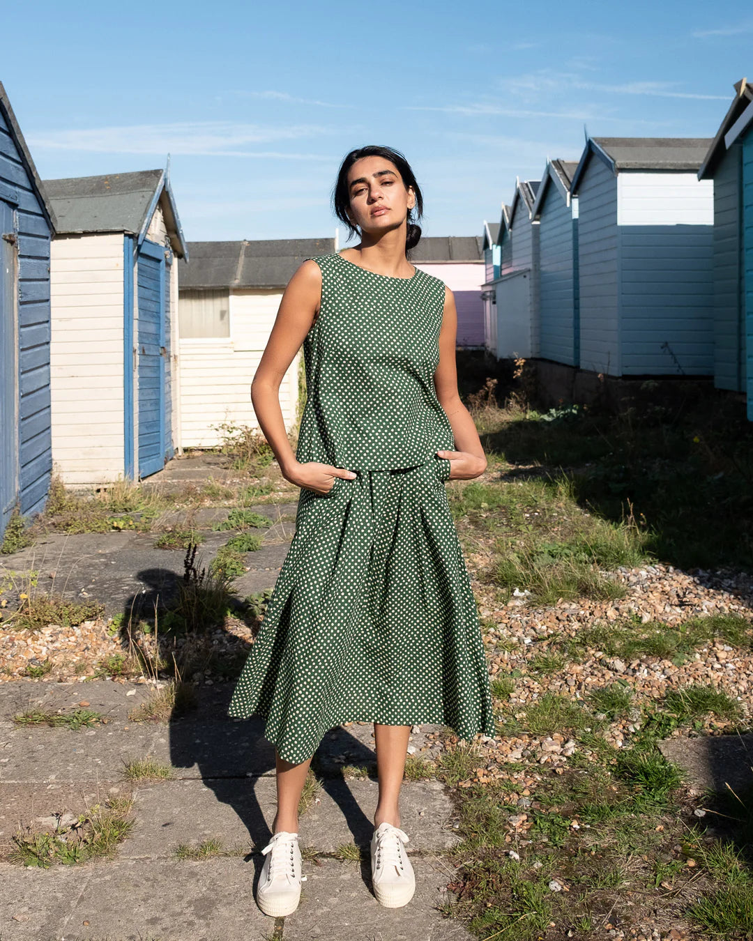 100% Cotton Wander Midi Skirt Green Dot
