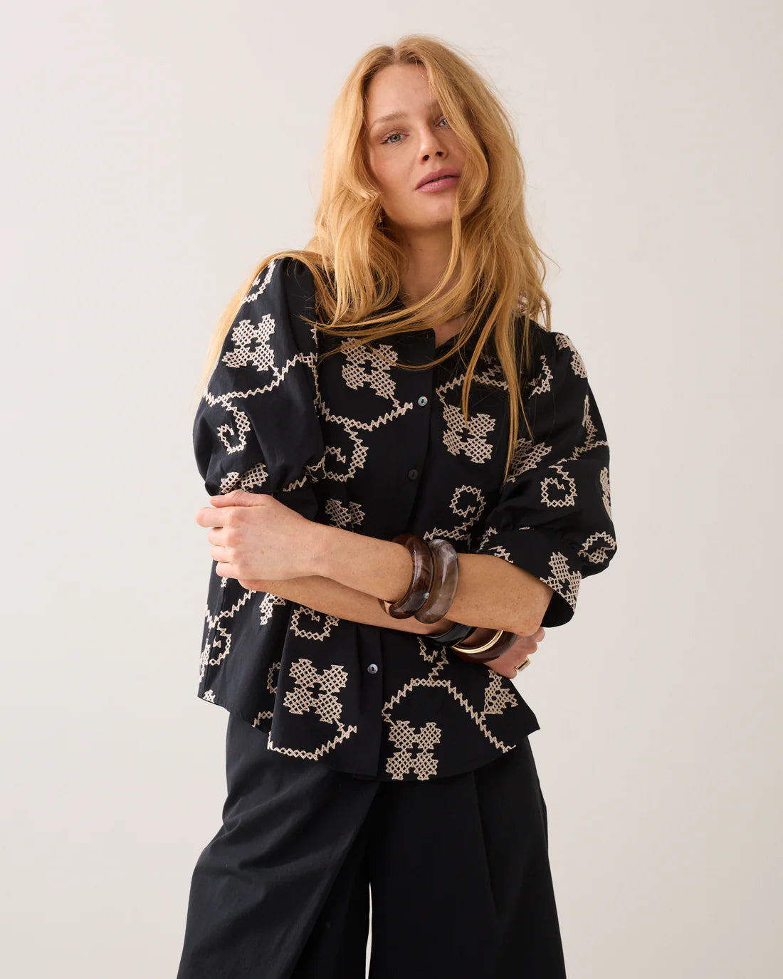 100% Cotton Embroidered Blouse in Black and Cream