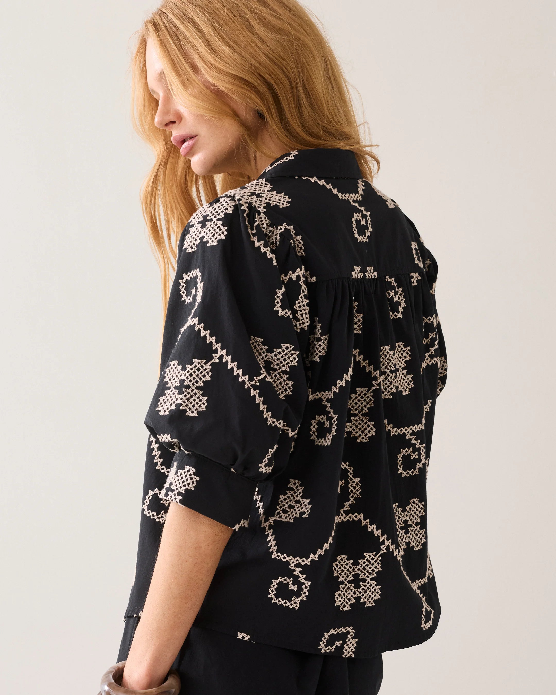 100% Cotton Embroidered Blouse in Black and Cream