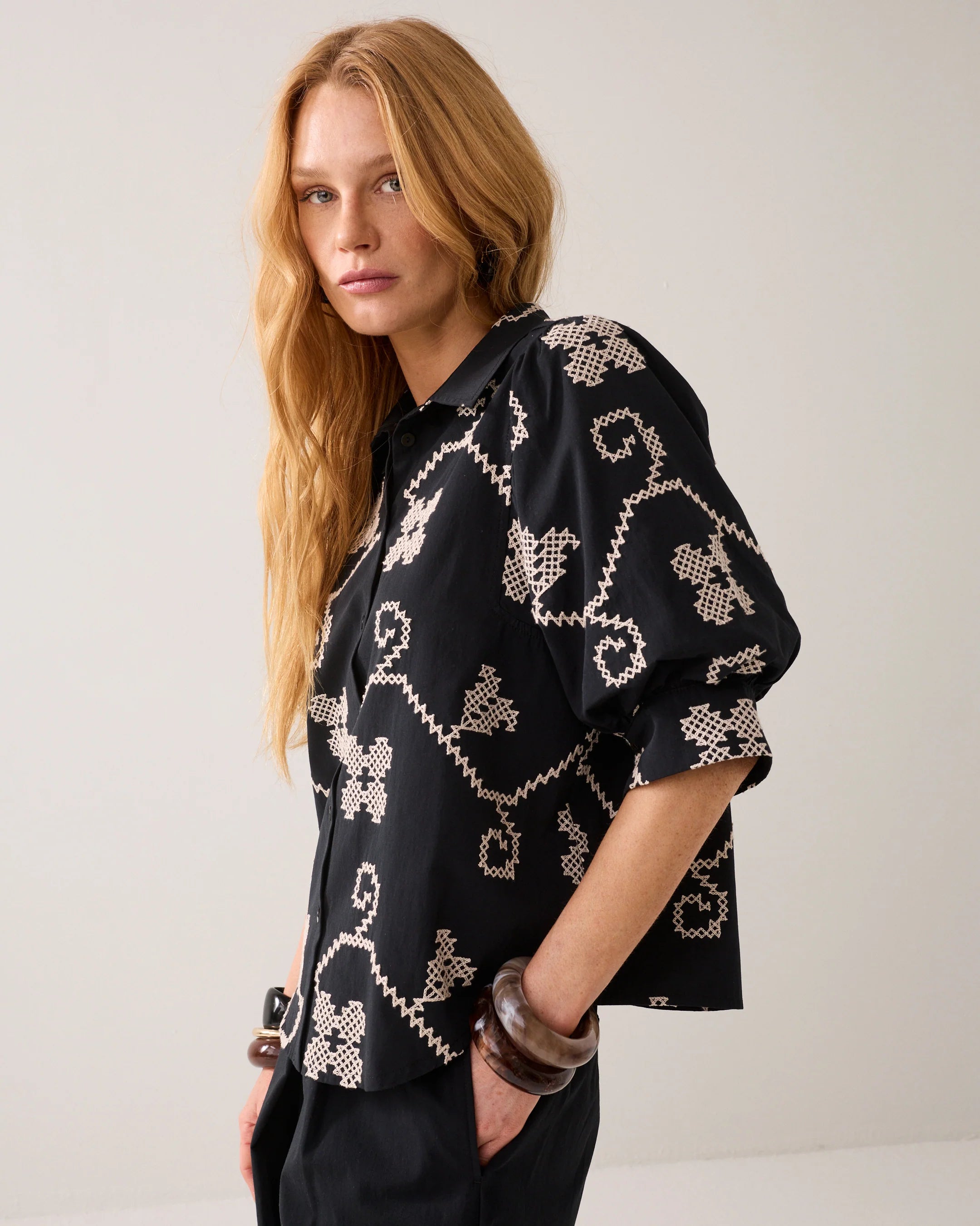 100% Cotton Embroidered Blouse in Black and Cream