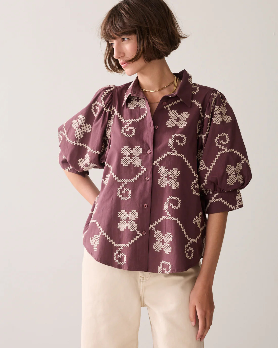 100% Cotton Embroidered Blouse in Plum and Cream