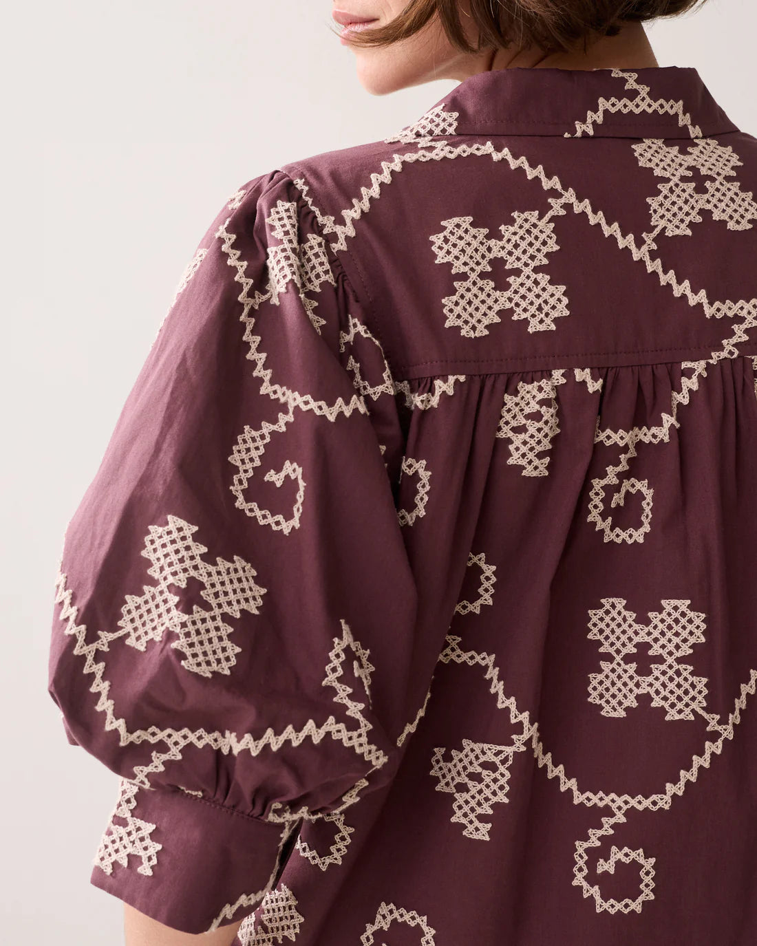 100% Cotton Embroidered Blouse in Plum and Cream