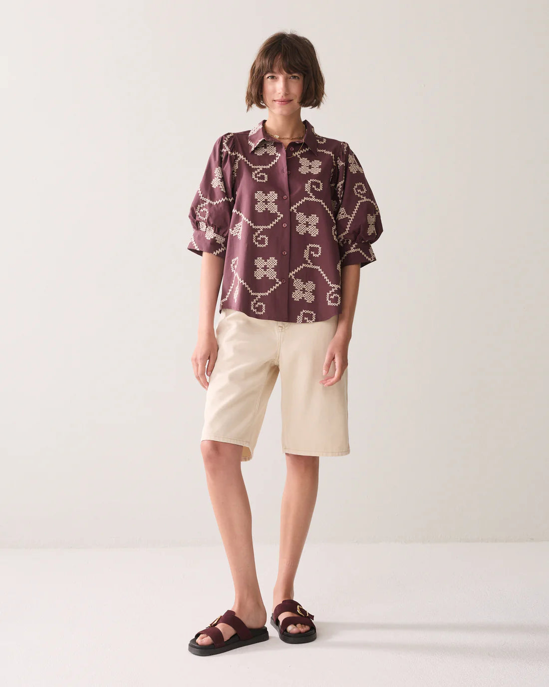 100% Cotton Embroidered Blouse in Plum and Cream
