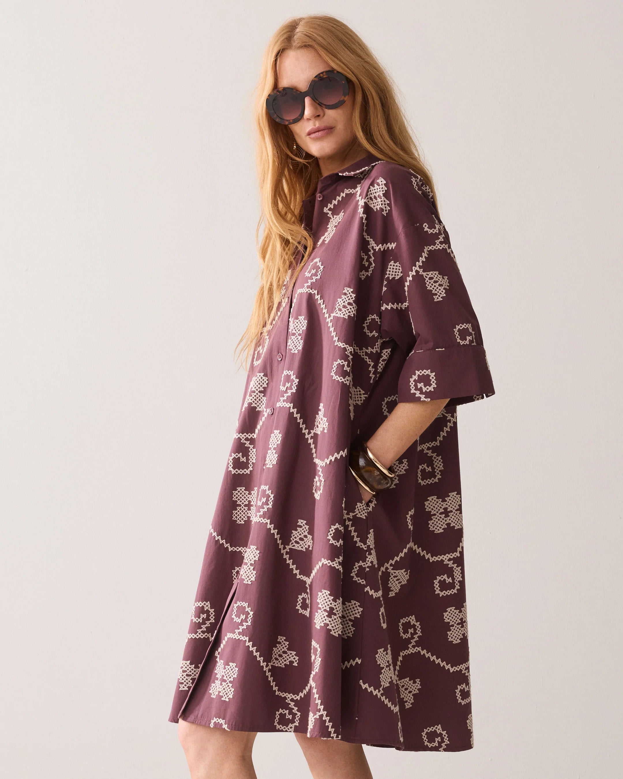 100% Cotton Embroidered A Line Tunic Dress in Plum and Cream