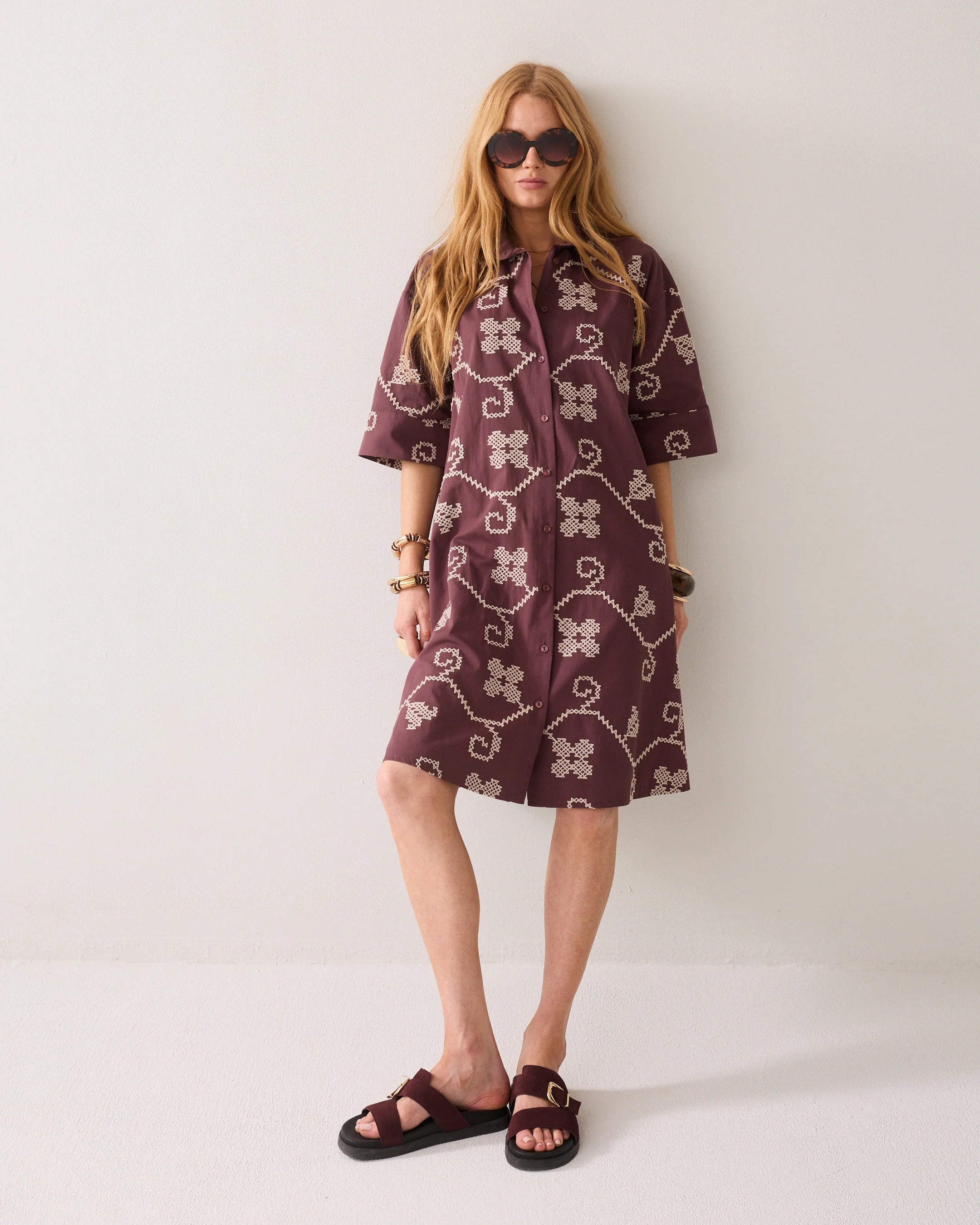 100% Cotton Embroidered A Line Tunic Dress in Plum and Cream