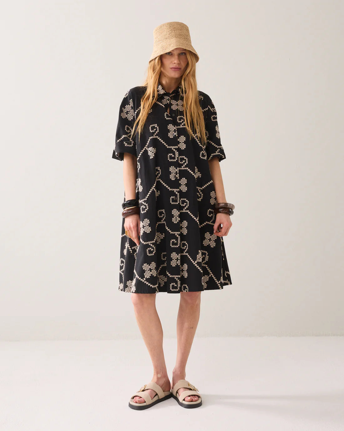 100% Cotton Embroidered A Line Tunic Dress in Black and Cream