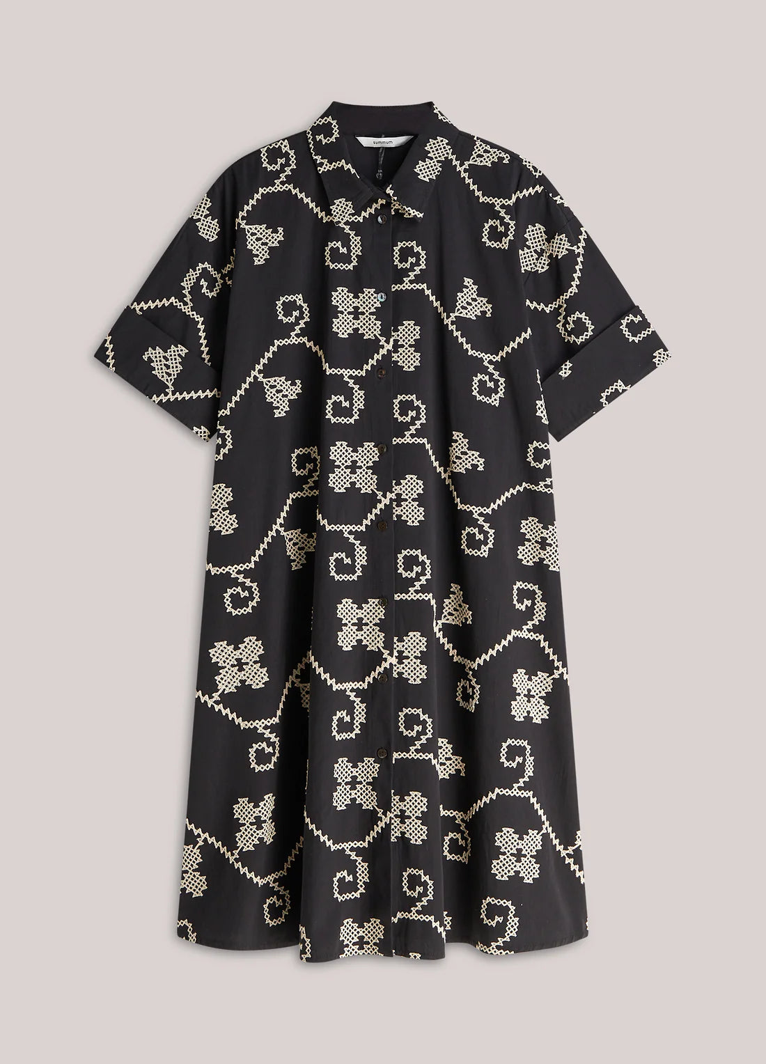 100% Cotton Embroidered A Line Tunic Dress in Black and Cream